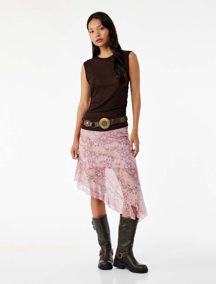  Asimetrik Kesim Yüksek Bel Katlı Midi Tül Etek