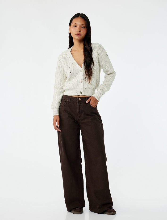  Simli Düğmeli Uzun Kollu V Yaka Triko Hırka