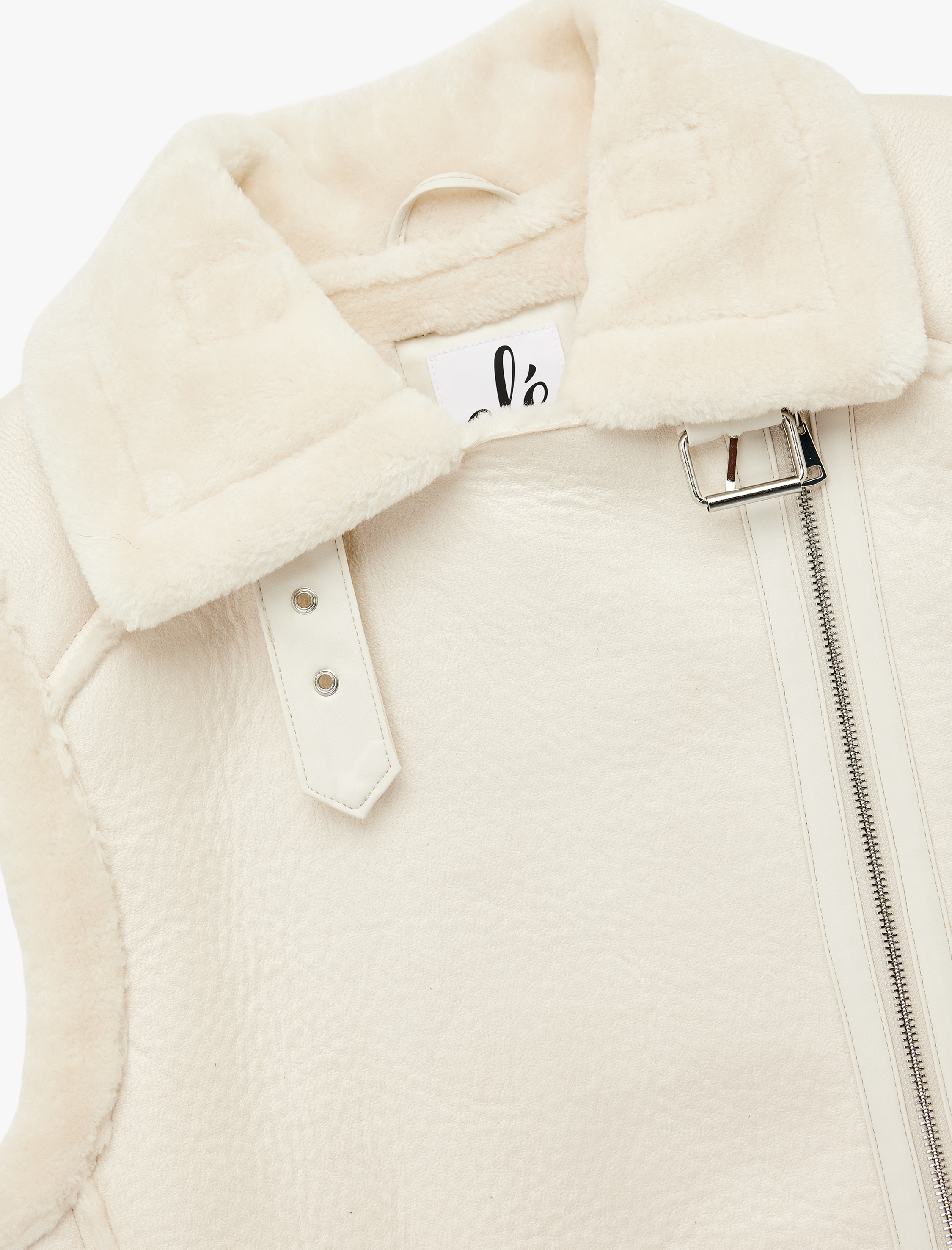   Suni Kürklü Yaka Fermuarlı Deri Görünümlü Kolsuz Biker Yelek