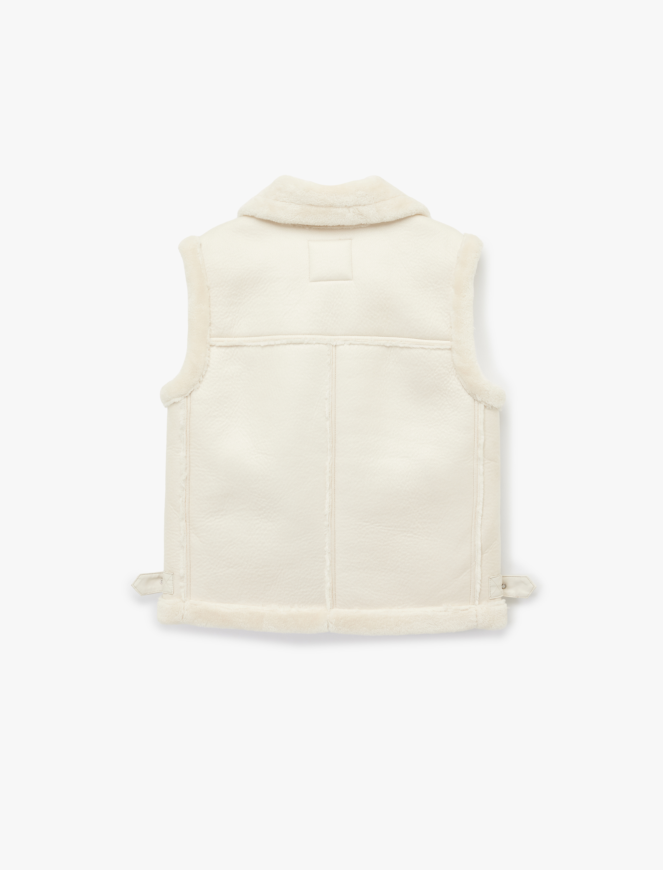   Suni Kürklü Yaka Fermuarlı Deri Görünümlü Kolsuz Biker Yelek