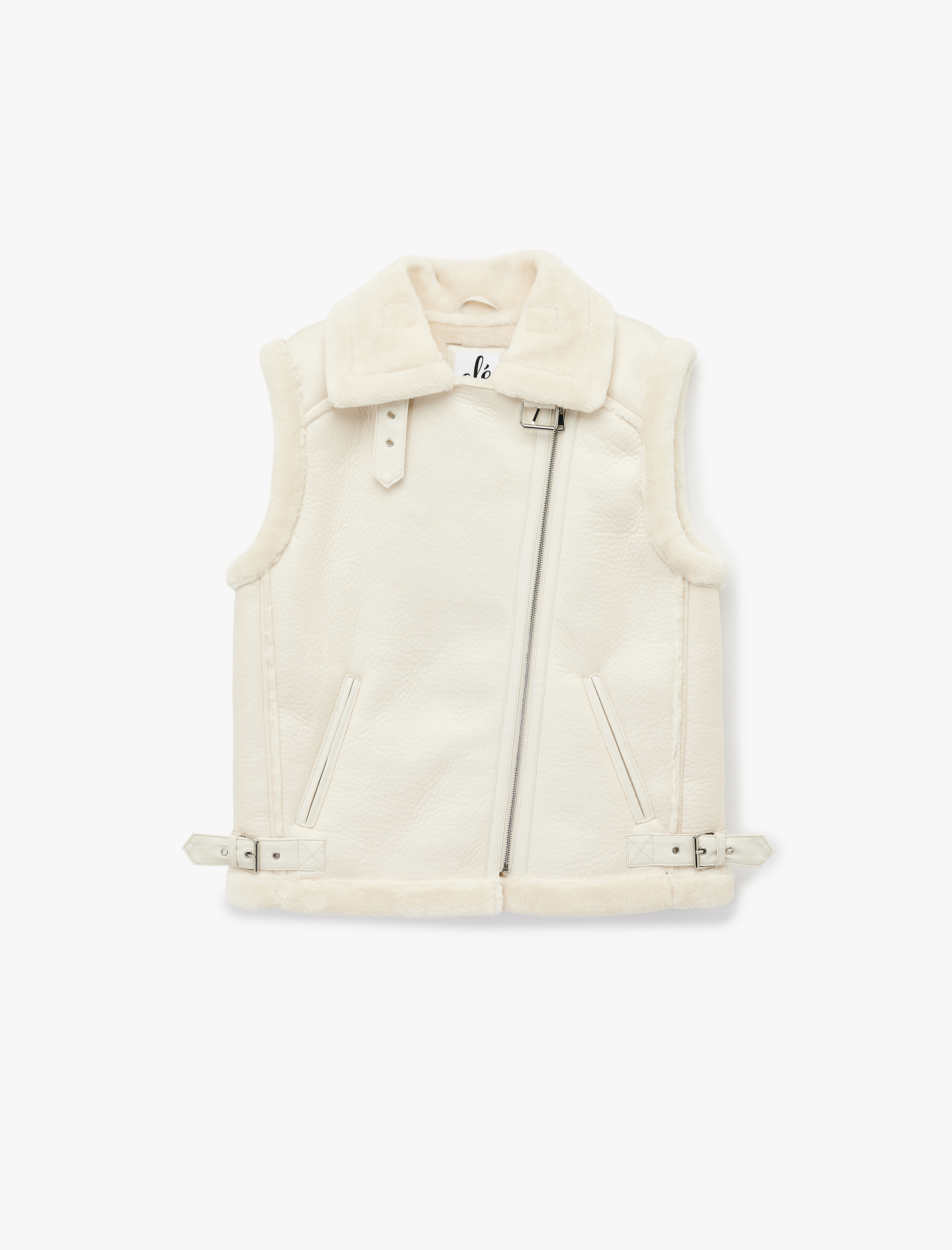   Suni Kürklü Yaka Fermuarlı Deri Görünümlü Kolsuz Biker Yelek