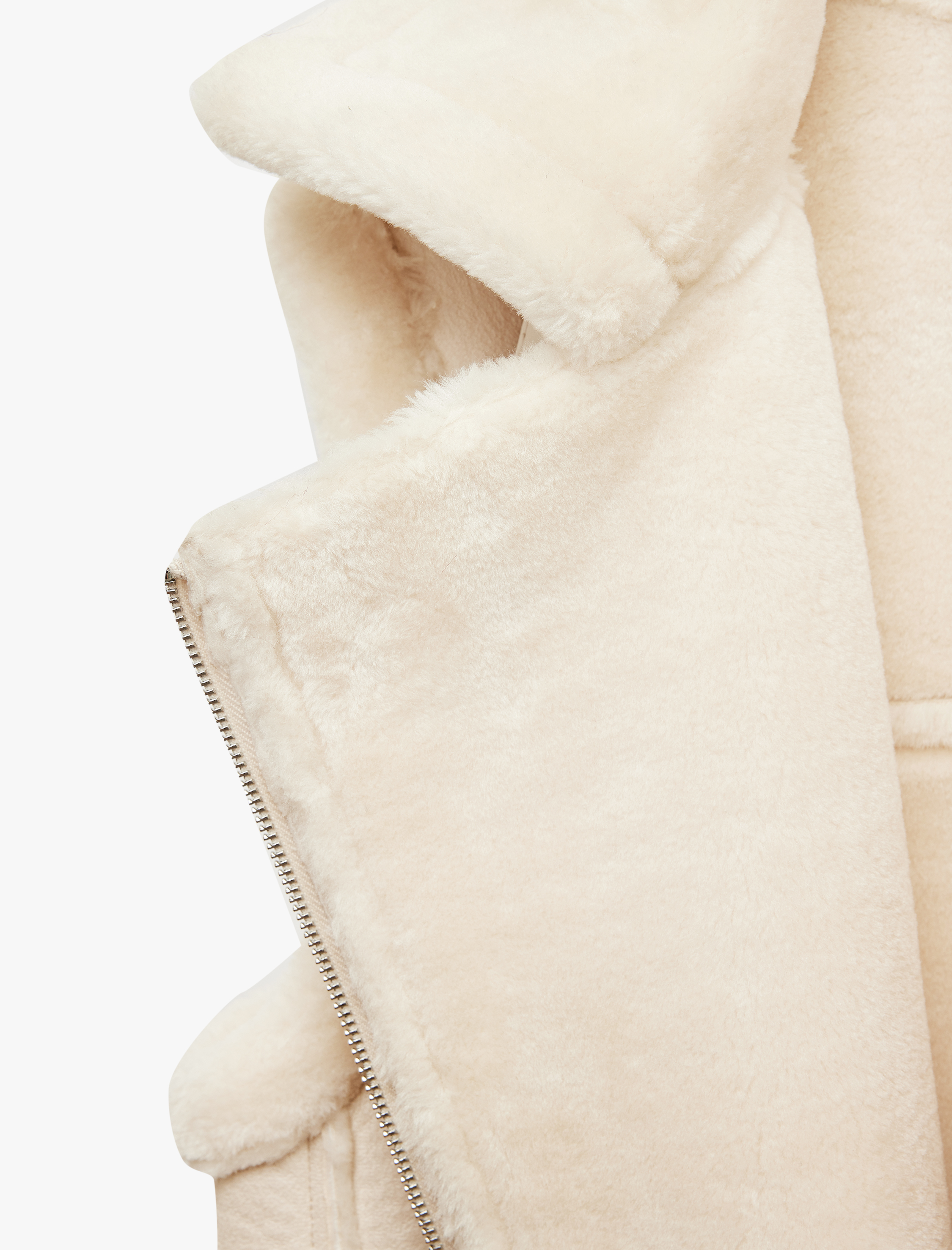   Suni Kürklü Yaka Fermuarlı Deri Görünümlü Kolsuz Biker Yelek