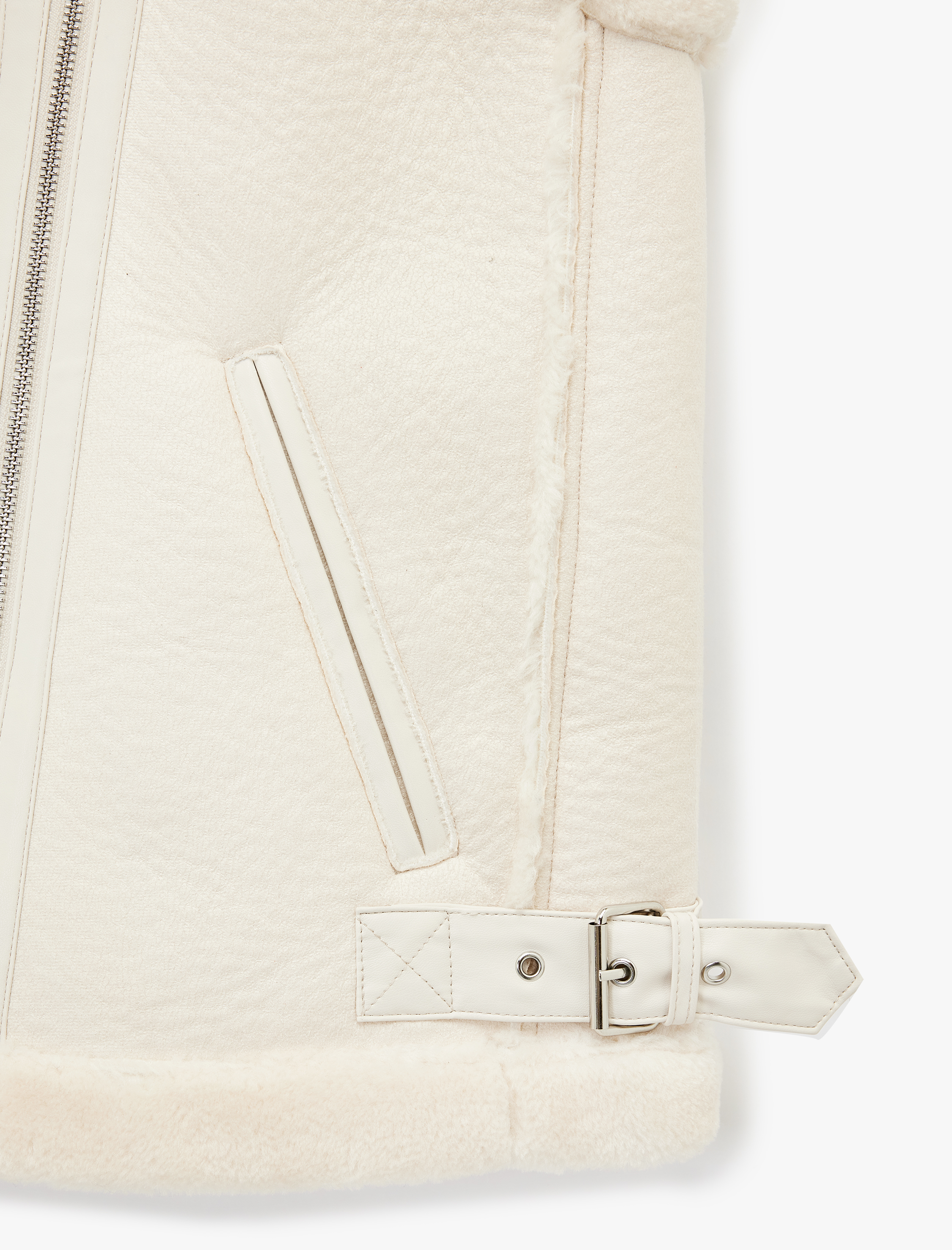   Suni Kürklü Yaka Fermuarlı Deri Görünümlü Kolsuz Biker Yelek