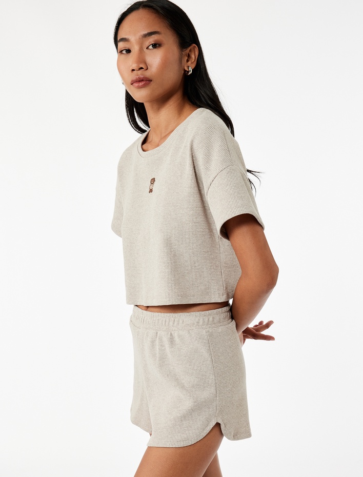  Dokulu Waffle Kumaş Mini Şort Pijama Altı