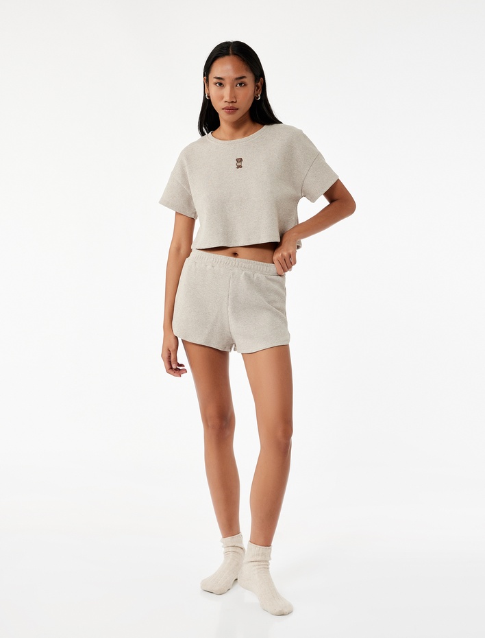  Dokulu Waffle Kumaş Mini Şort Pijama Altı