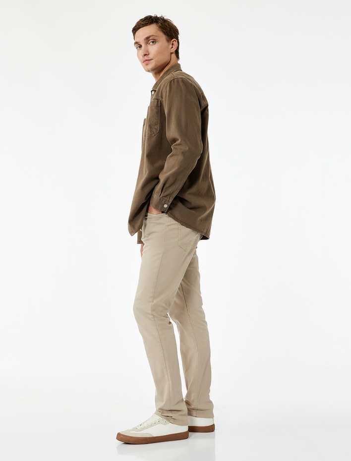  Normal Bel Düğmeli Pamuklu Cep Detaylı Gabardin Pantolon