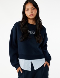 Uzun Kollu Bisiklet Yaka Nakışlı Şardonlu Oversize Sweatshirt