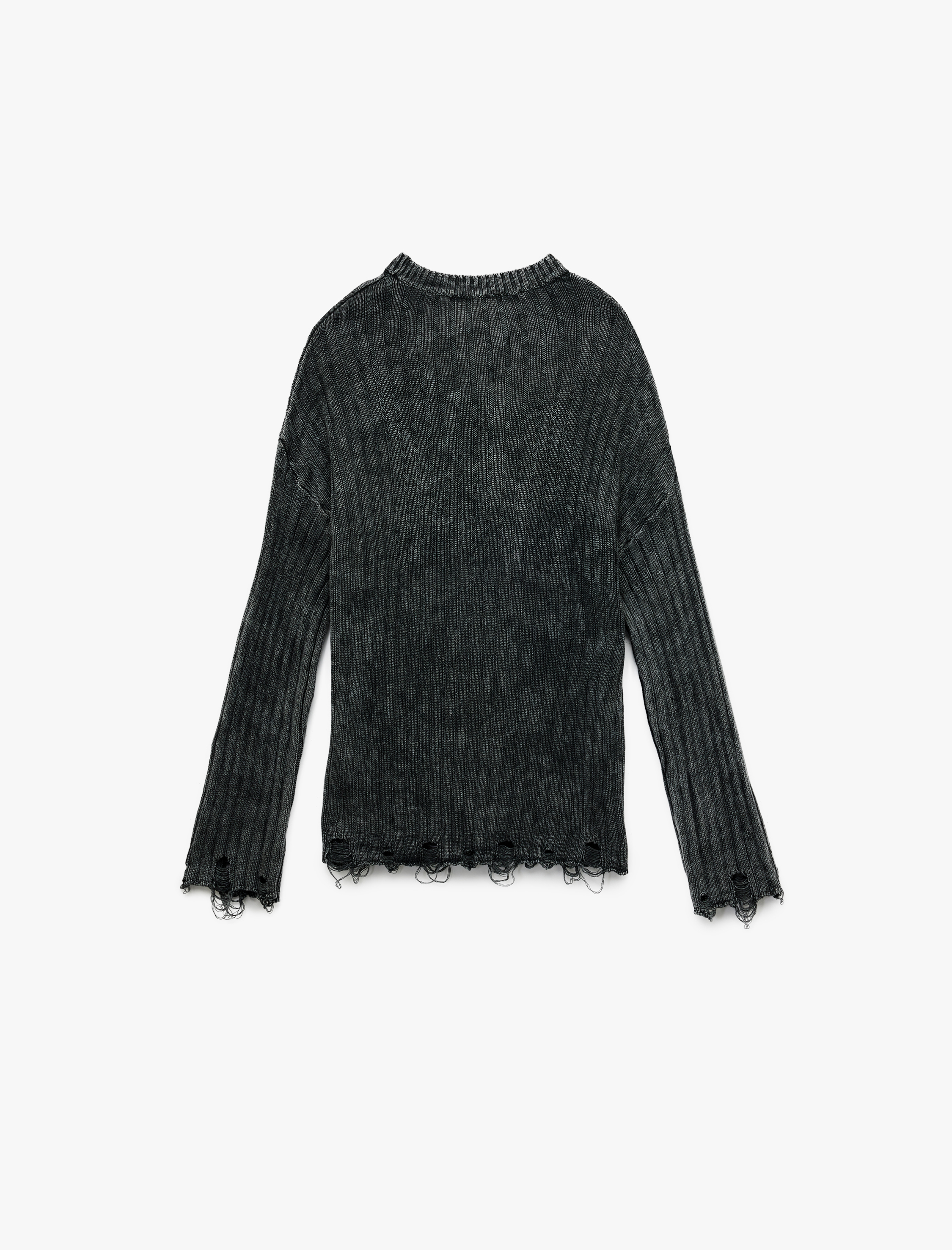   Soluk Efektli Yıpratılmış Uzun Kollu Bisiklet Yaka Triko Kazak