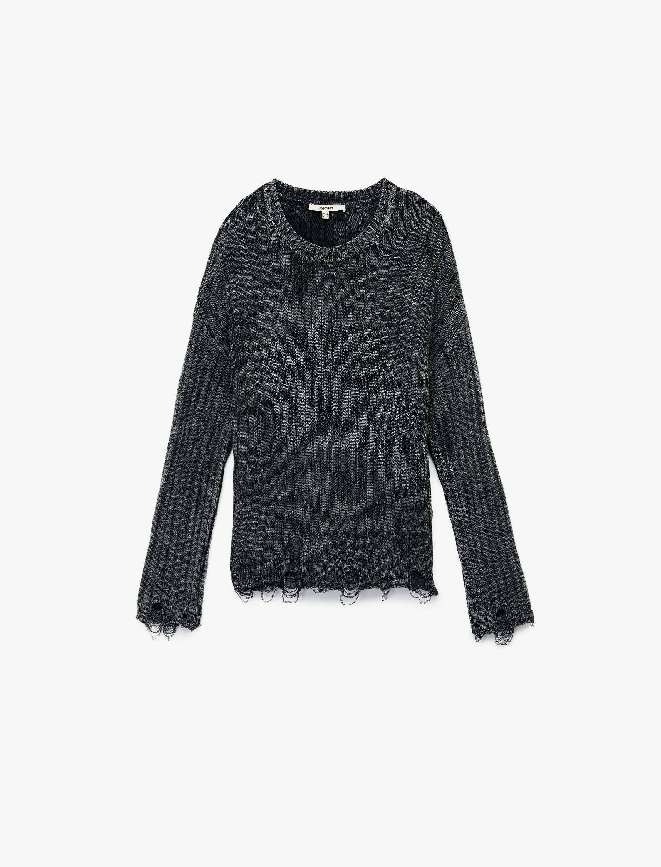   Soluk Efektli Yıpratılmış Uzun Kollu Bisiklet Yaka Triko Kazak