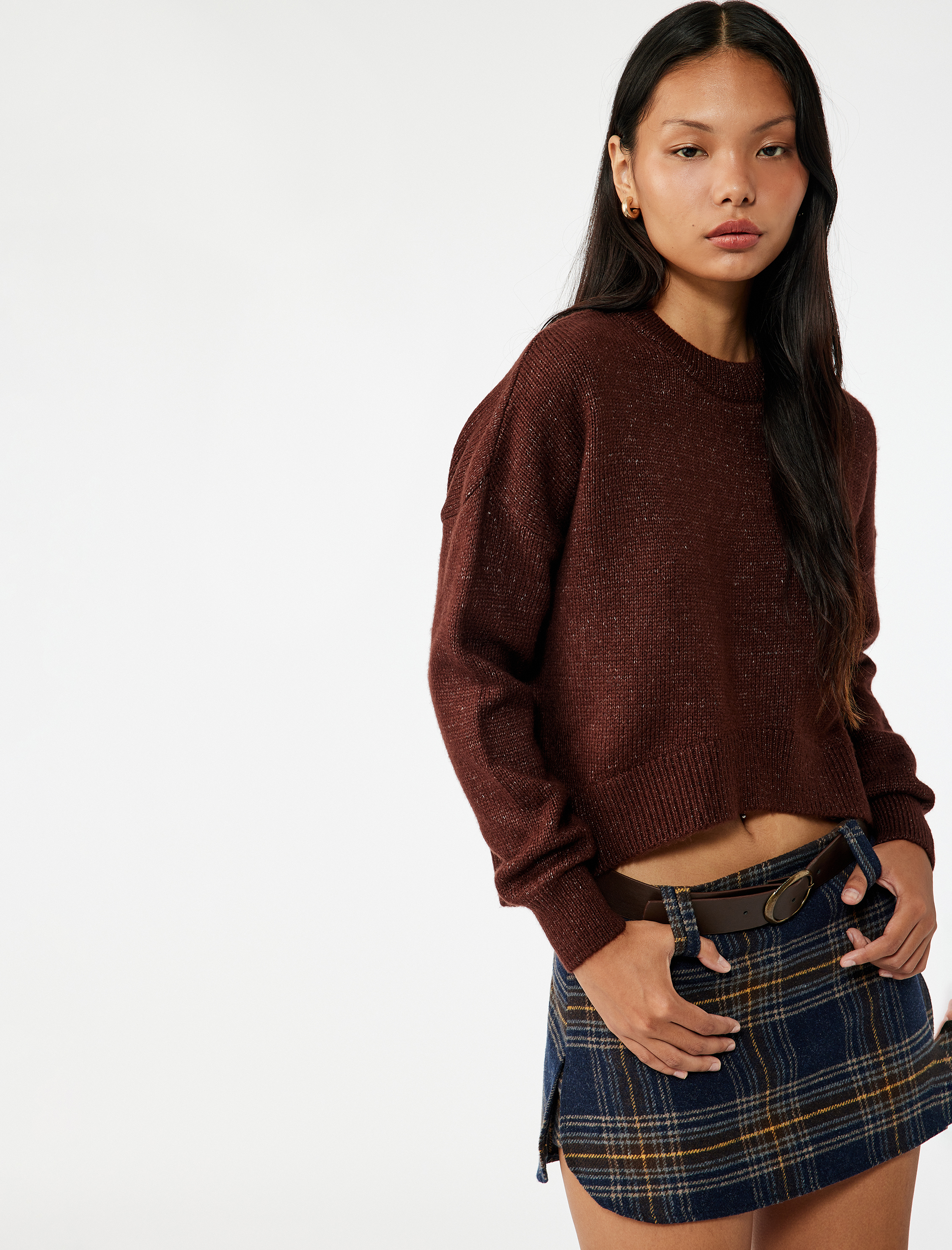   Uzun Kollu Bisiklet Yaka Asimetrik Kesim Triko Kazak