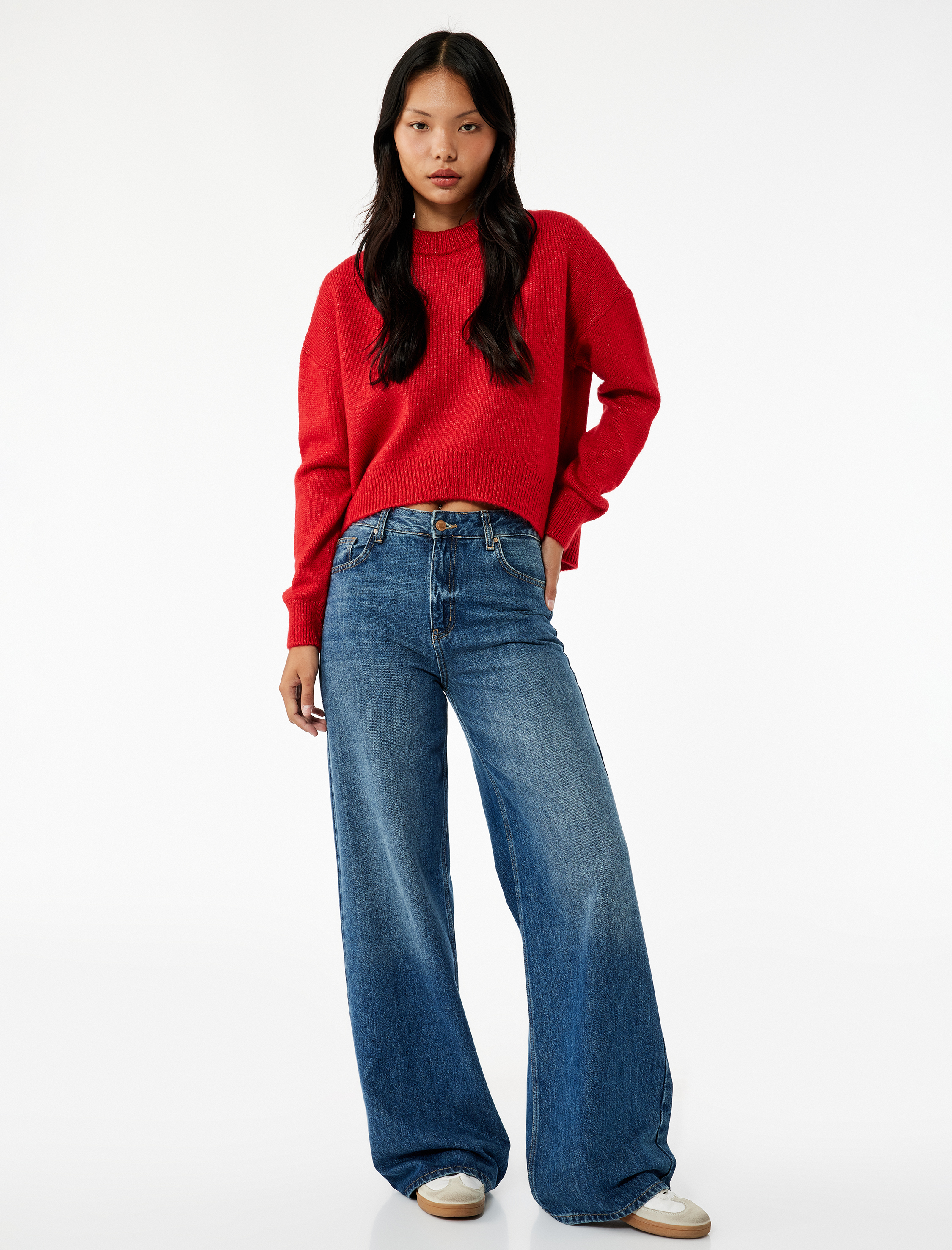   Uzun Kollu Bisiklet Yaka Asimetrik Kesim Triko Kazak