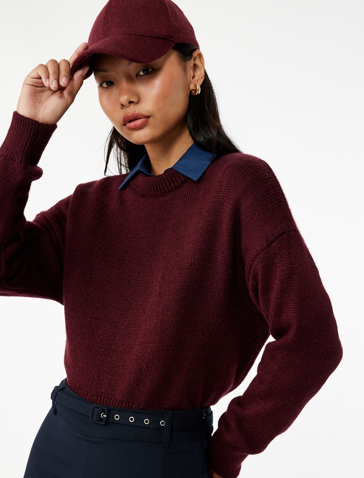  Uzun Kollu Bisiklet Yaka Asimetrik Kesim Triko Kazak