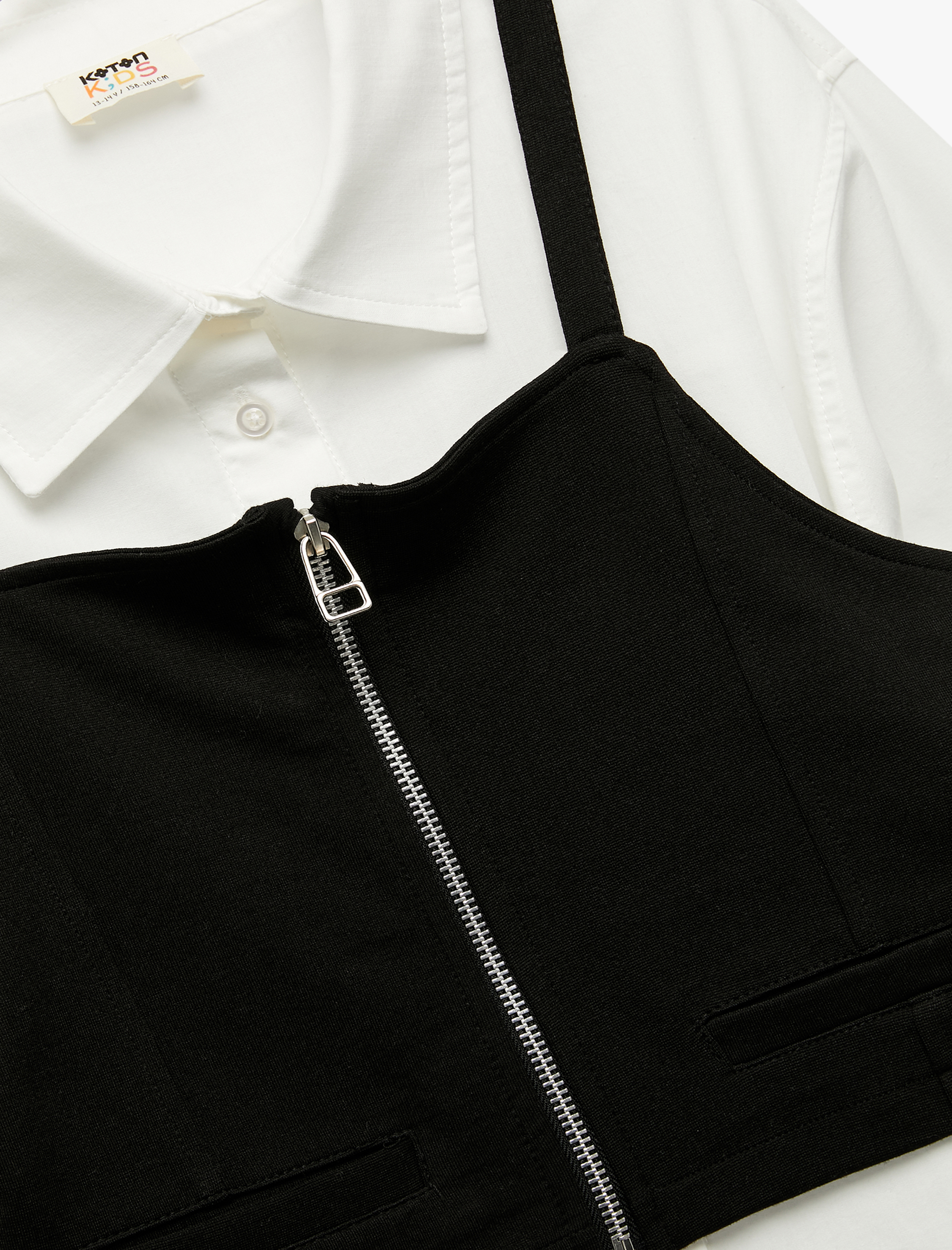  Kız Çocuk Fermuarlı Askılı Üst Detaylı Pamuklu Uzun Kollu Gömlek