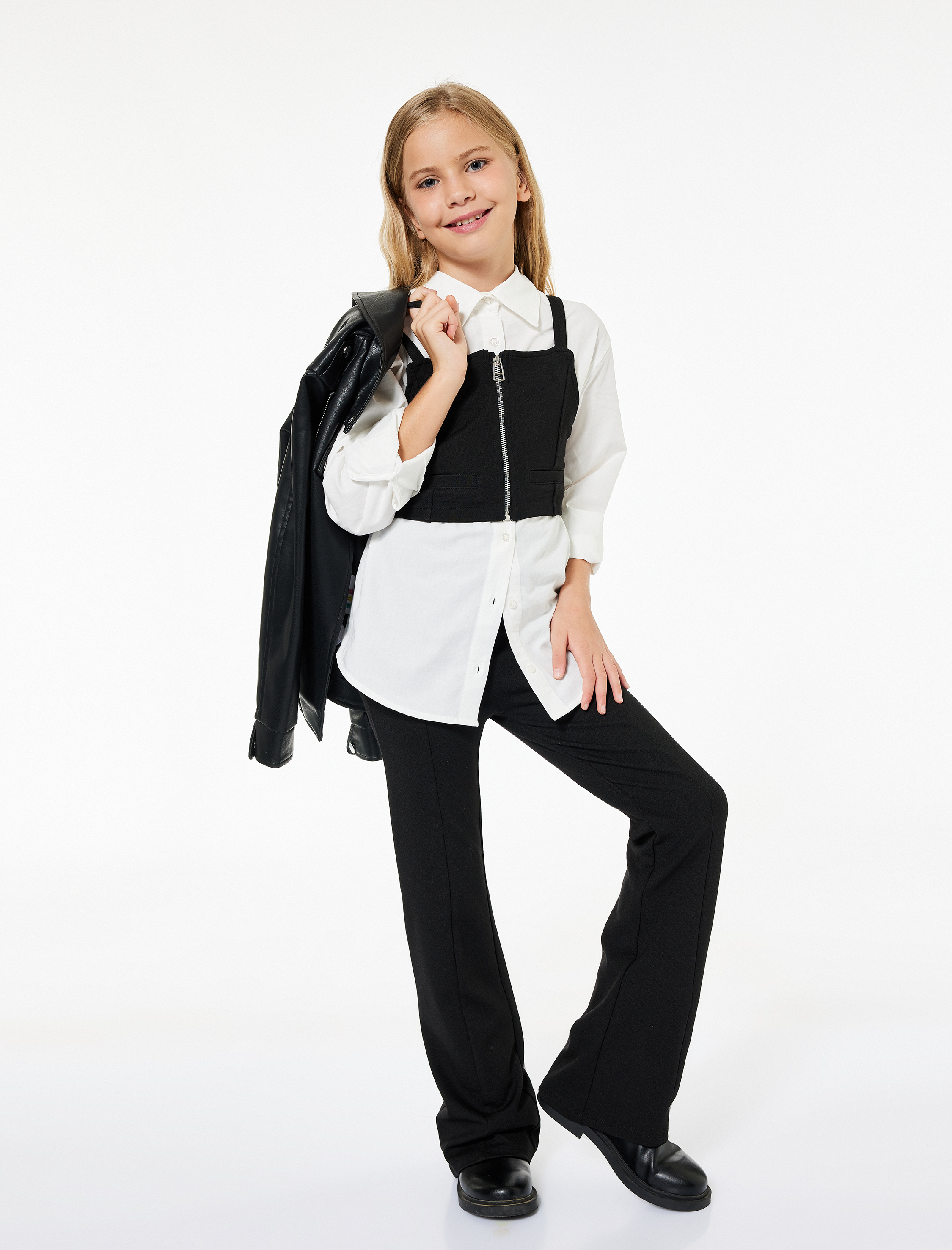  Kız Çocuk Fermuarlı Askılı Üst Detaylı Pamuklu Uzun Kollu Gömlek