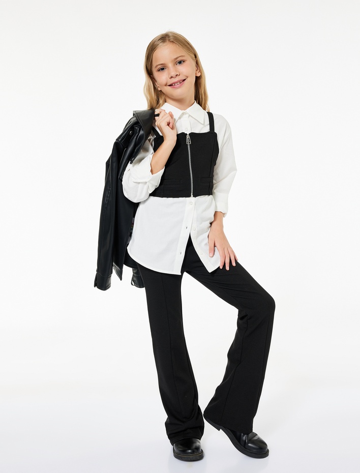 Kız Çocuk Fermuarlı Askılı Üst Detaylı Pamuklu Uzun Kollu Gömlek