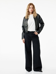 Normal Bel Cepli Düğmeli Pamuklu Rahat Kesim Geniş Paça Jean Pantolon - Loose Straight Fit Jeans