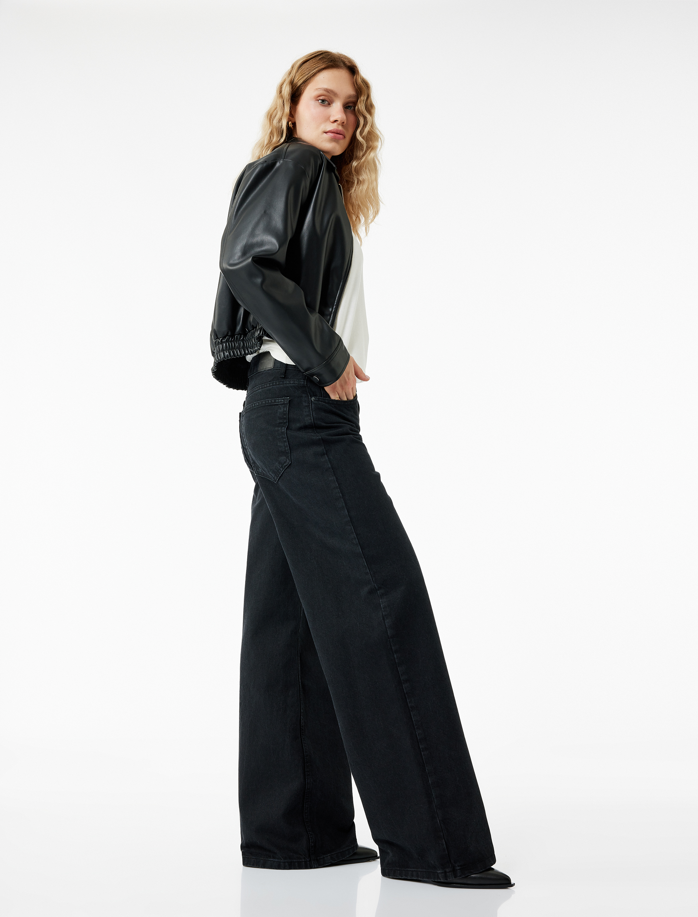   Normal Bel Cepli Düğmeli Pamuklu Rahat Kesim Geniş Paça Jean Pantolon - Loose Straight Fit Jeans