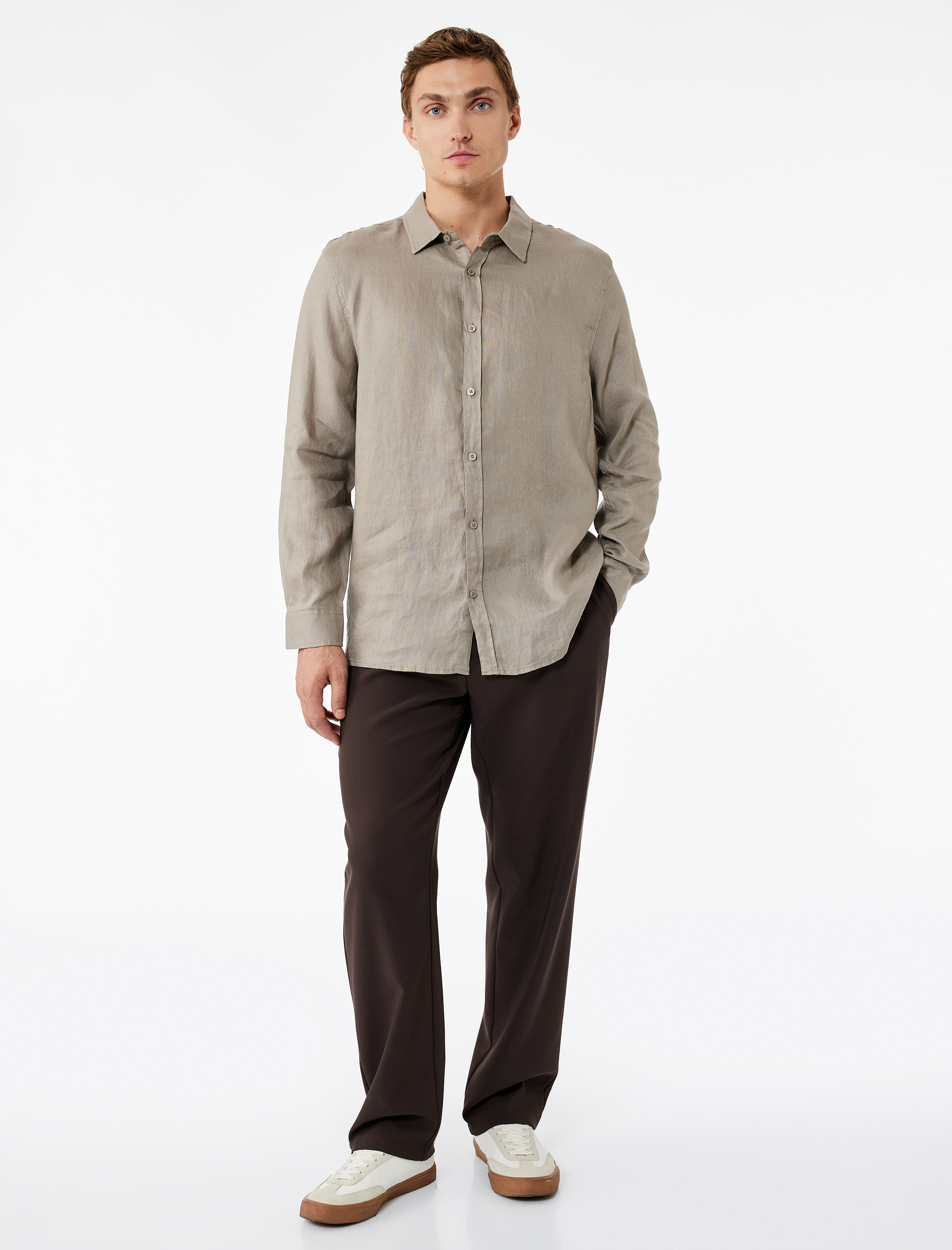   Regular Fit Klasik Yaka Uzun Kollu Keten Gömlek