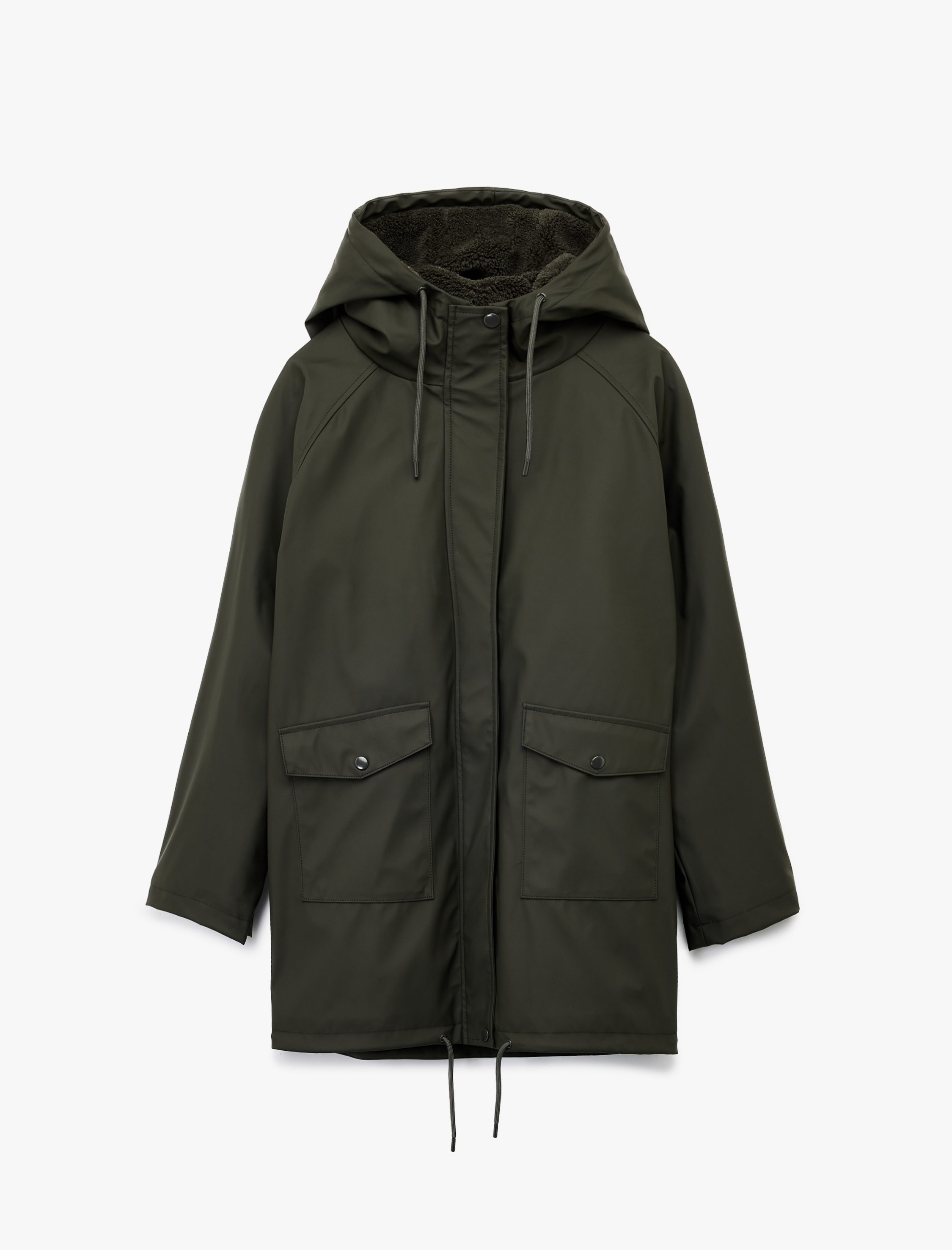   Deri Görünümlü İçi Suni Kürklü Fermuarlı Cepli Su Geçirmez Kapüşonlu Mont