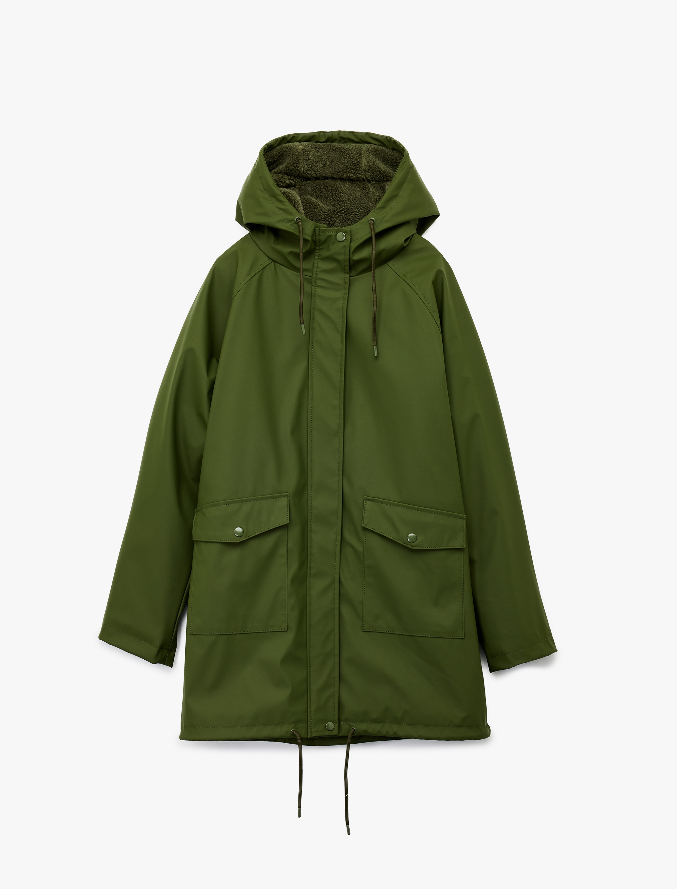   Deri Görünümlü İçi Suni Kürklü Fermuarlı Cepli Su Geçirmez Kapüşonlu Mont