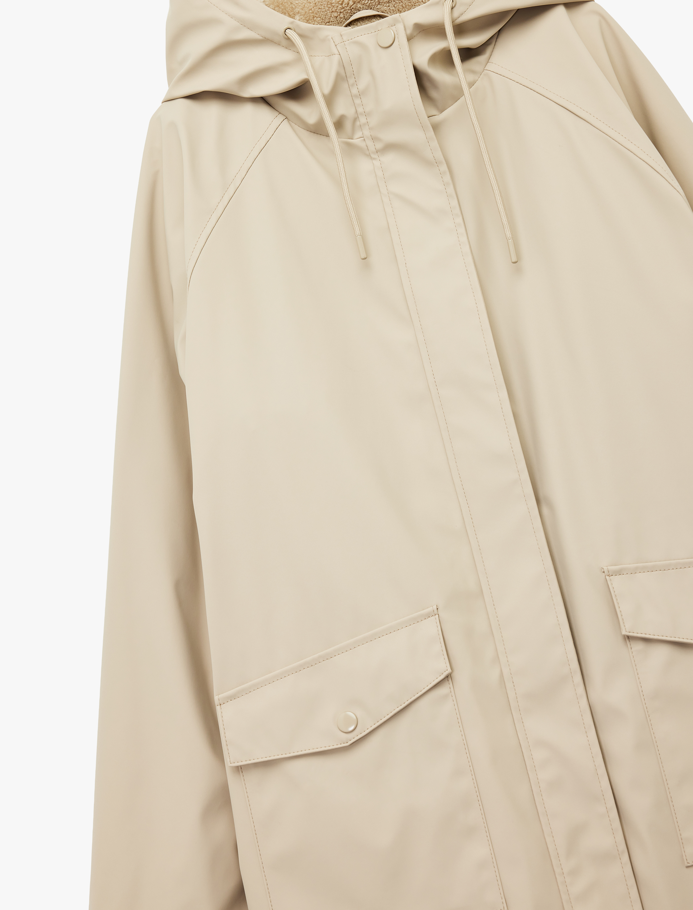   Deri Görünümlü İçi Suni Kürklü Fermuarlı Cepli Su Geçirmez Kapüşonlu Mont