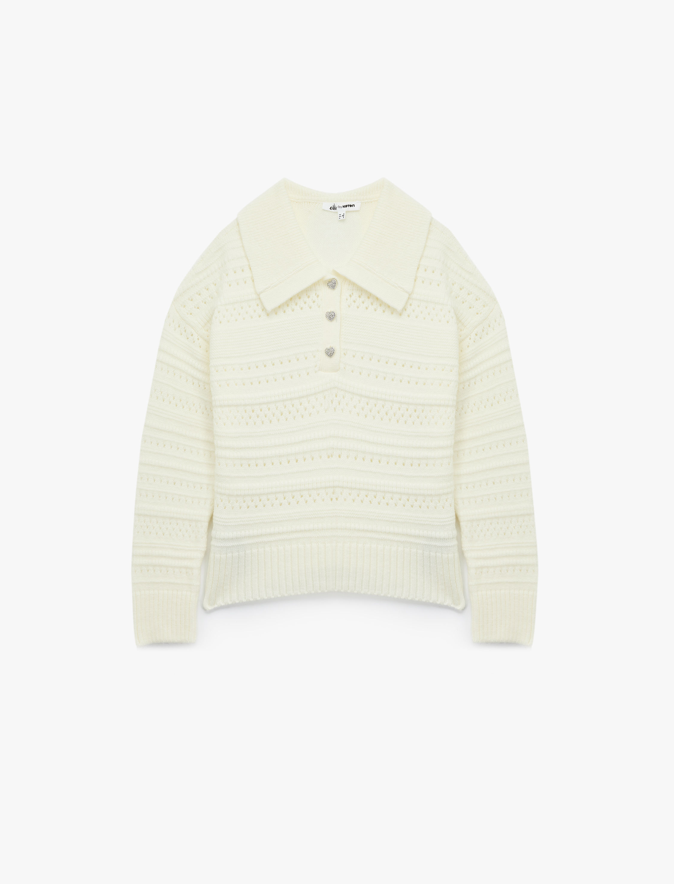   Ajurlu Uzun Kollu Taşlı Düğmeli Polo Yaka Triko Kazak