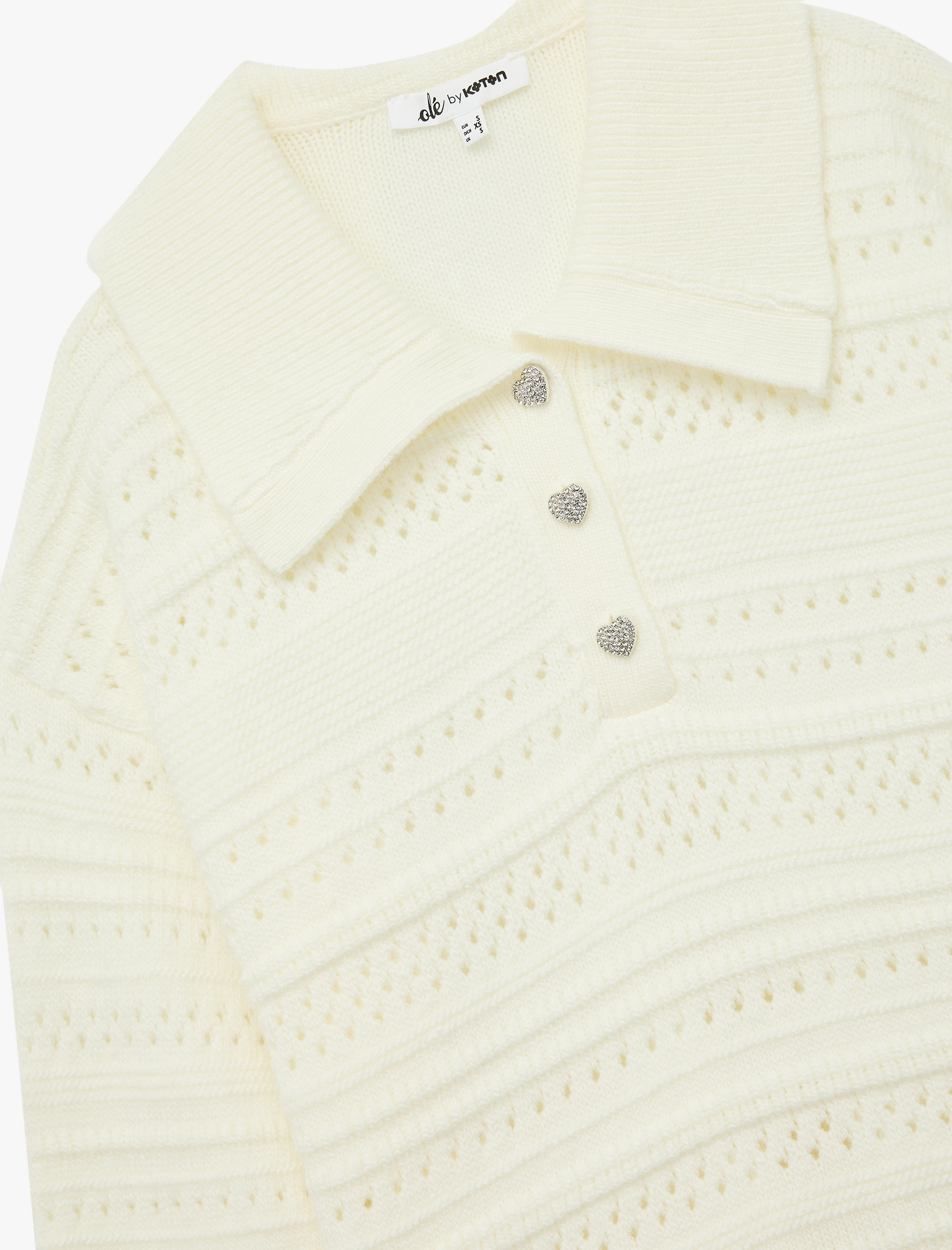   Ajurlu Uzun Kollu Taşlı Düğmeli Polo Yaka Triko Kazak