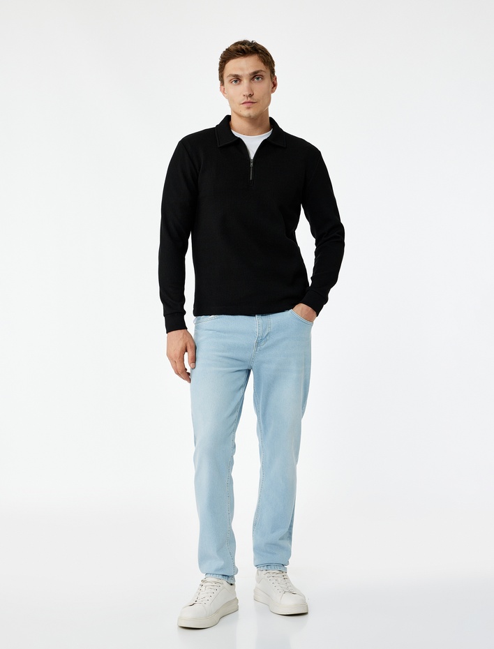  Uzun Kollu Basic Dokulu Yarım Fermuarlı Polo Yaka Sweatshirt