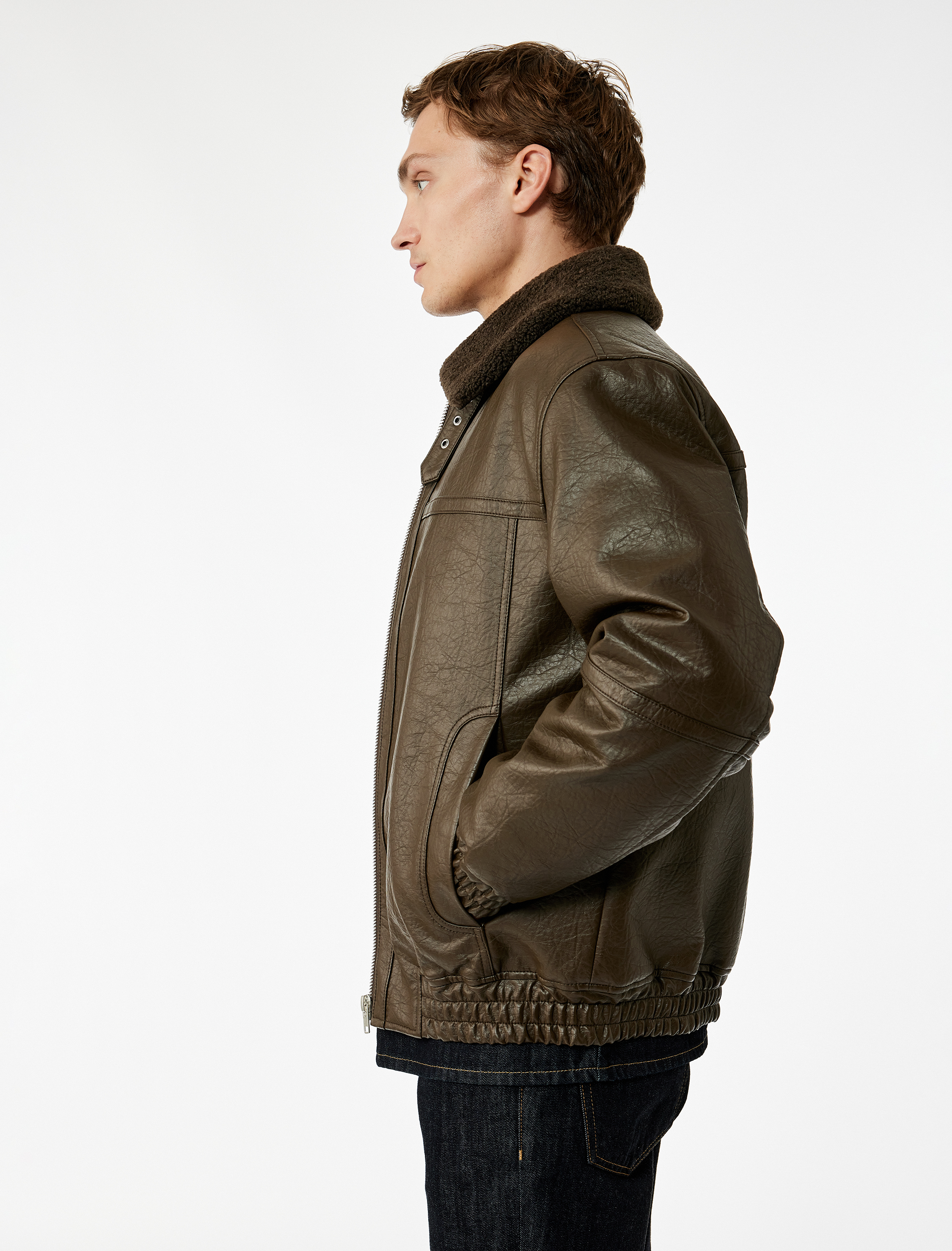   Peluş Yaka Cep Detaylı Uzun Kollu Fermuarlı Suni Deri Ceket