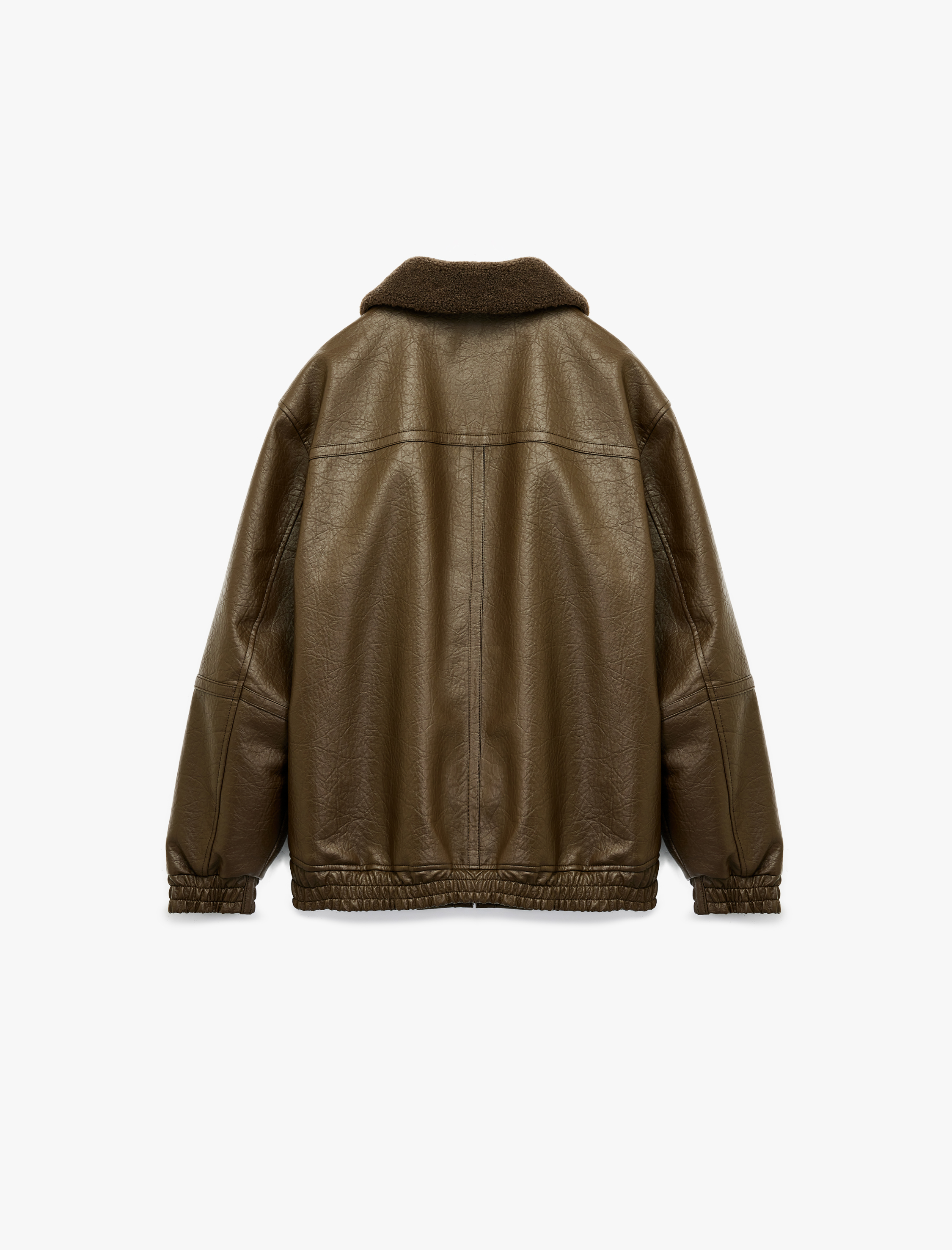   Peluş Yaka Cep Detaylı Uzun Kollu Fermuarlı Suni Deri Ceket