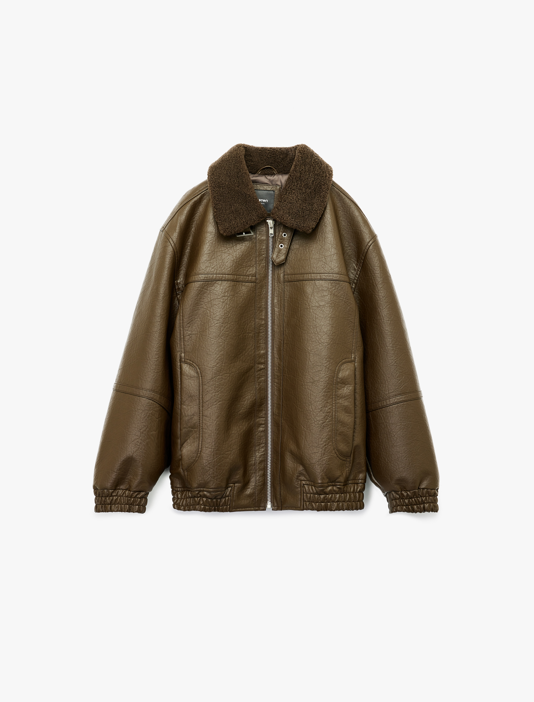   Peluş Yaka Cep Detaylı Uzun Kollu Fermuarlı Suni Deri Ceket