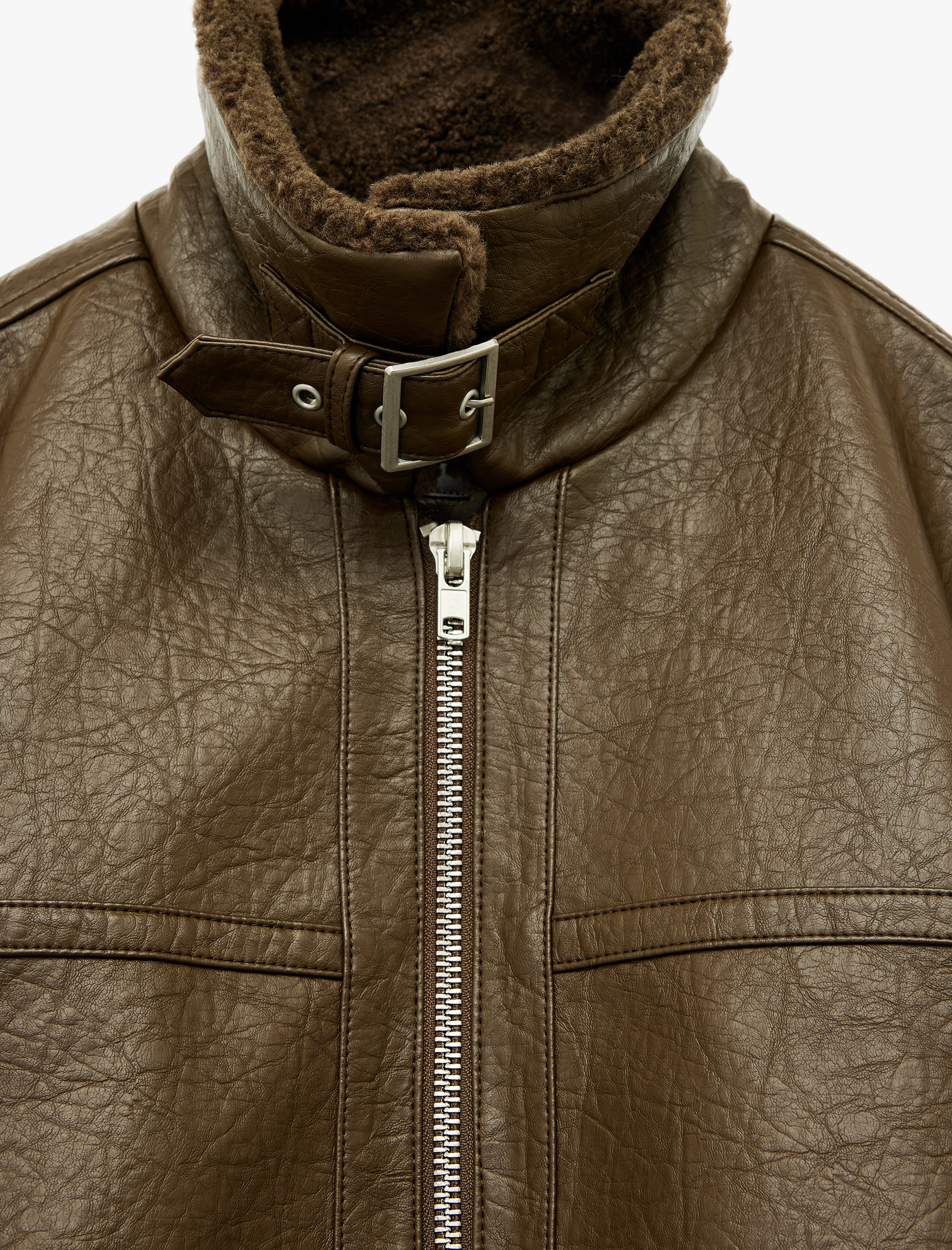   Peluş Yaka Cep Detaylı Uzun Kollu Fermuarlı Suni Deri Ceket