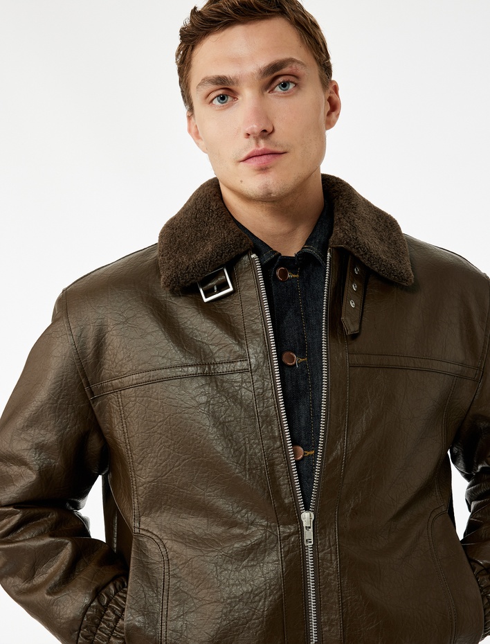  Peluş Yaka Cep Detaylı Uzun Kollu Fermuarlı Suni Deri Ceket