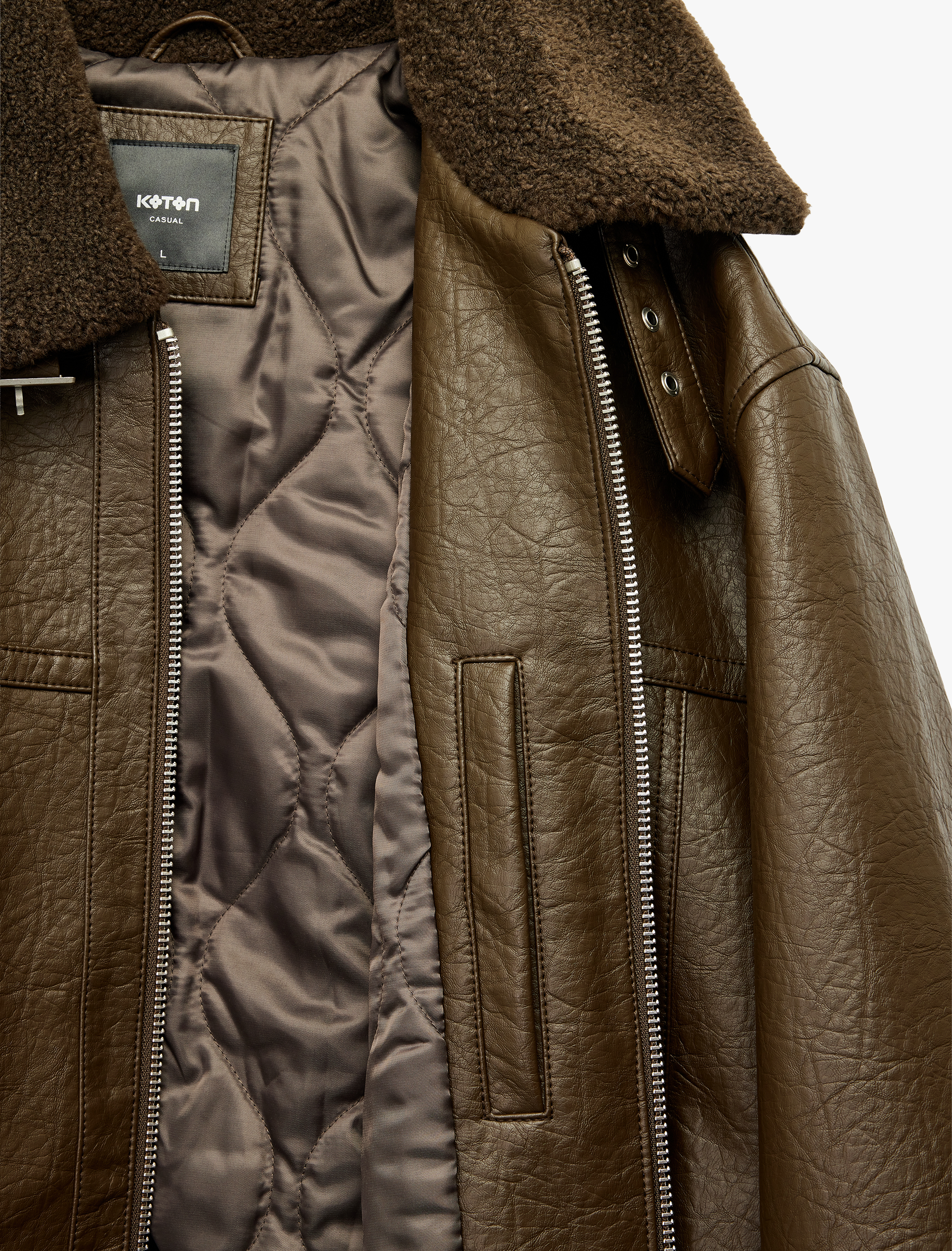   Peluş Yaka Cep Detaylı Uzun Kollu Fermuarlı Suni Deri Ceket