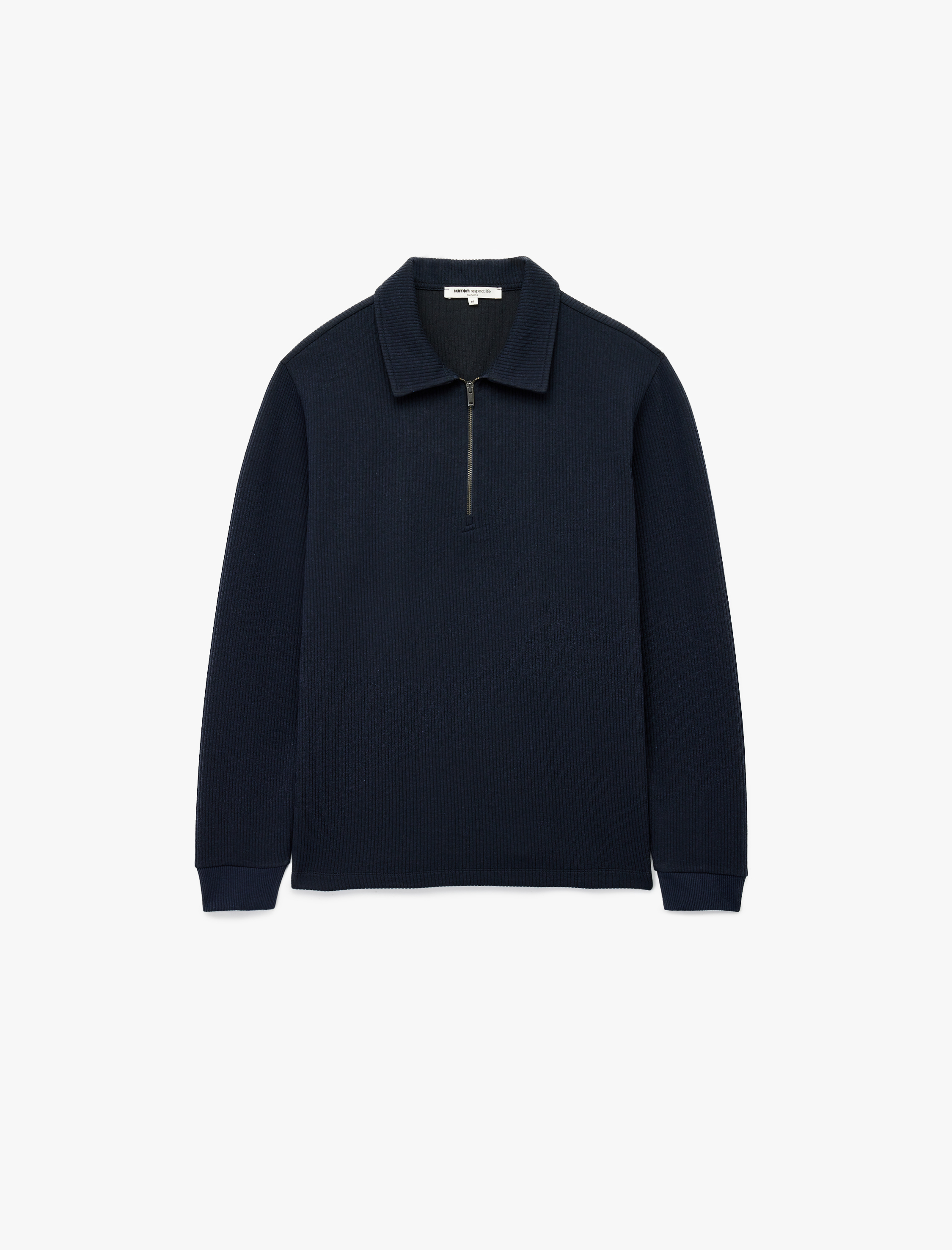   Uzun Kollu Basic Dokulu Yarım Fermuarlı Polo Yaka Sweatshirt