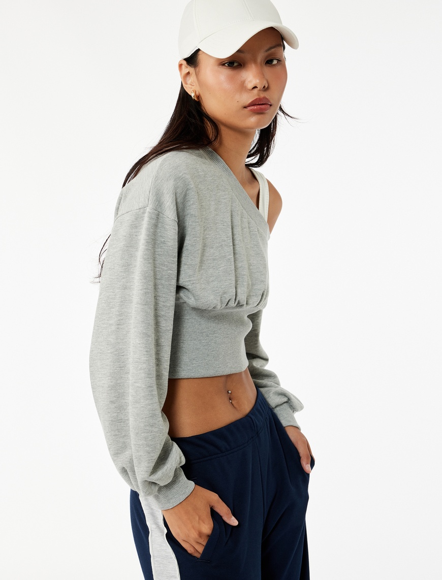 Yurina　epine  arm volume Knit Gri Asimetrik Yaka Omzu Açık Korse Detaylı Uzun Kollu Crop