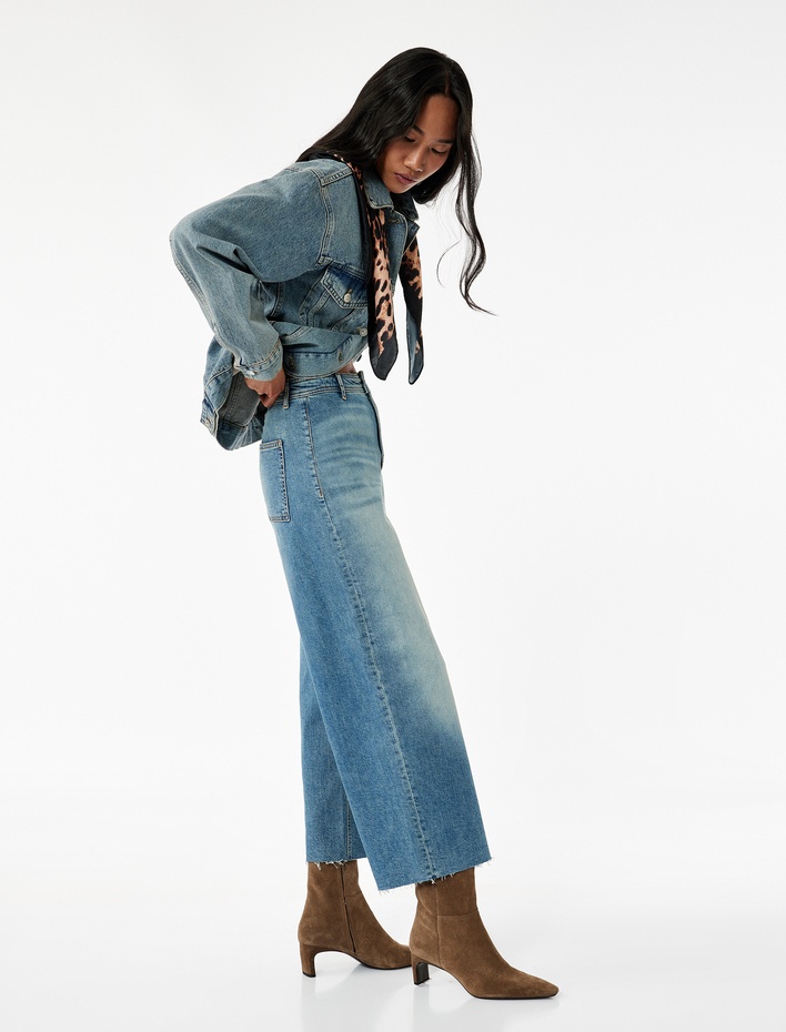  Rahat Kalıp Yüksek Bel Geniş Paça Jean Pantolon - Culotte Jeans