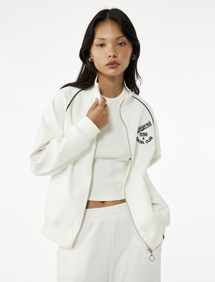  Şardonlu Uzun Kollu Dik Yaka Baskılı Fermuarlı Sweatshirt