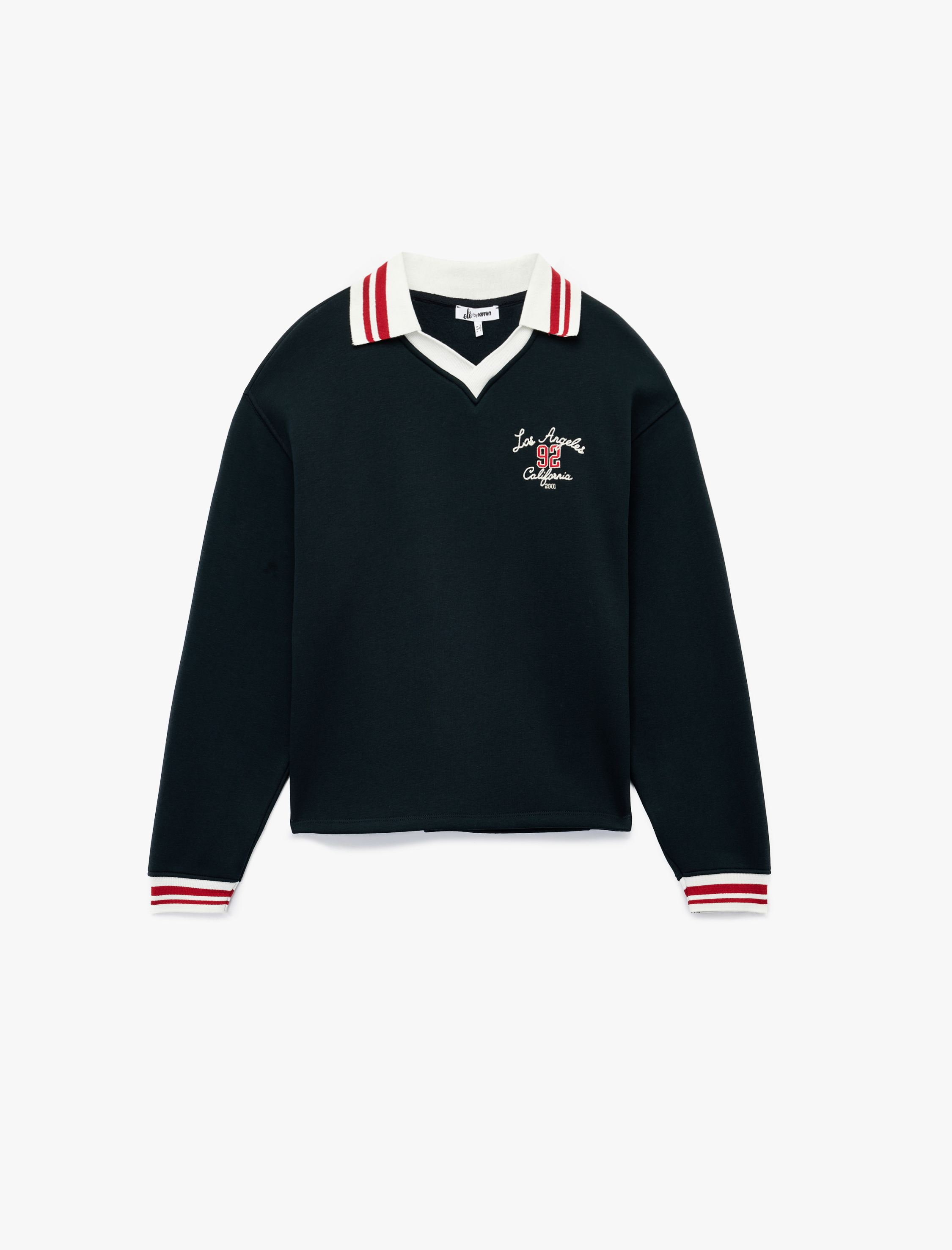   Nakış Detaylı Uzun Kollu Şardonlu Polo Yaka Oversize Sweatshirt