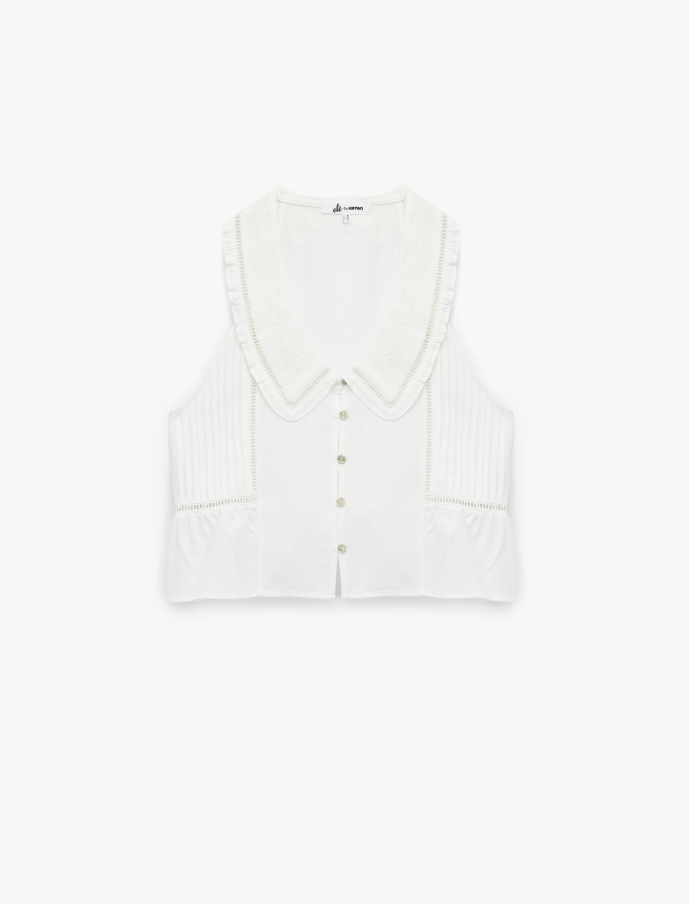   Nakış Detaylı Düğmeli Kolsuz Bebe Yaka Viskon Bluz