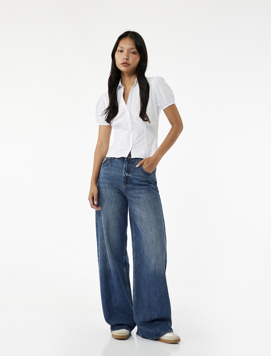   Slim Fit Kısa Kollu Klasik Yaka Düğmeli Poplin Bluz
