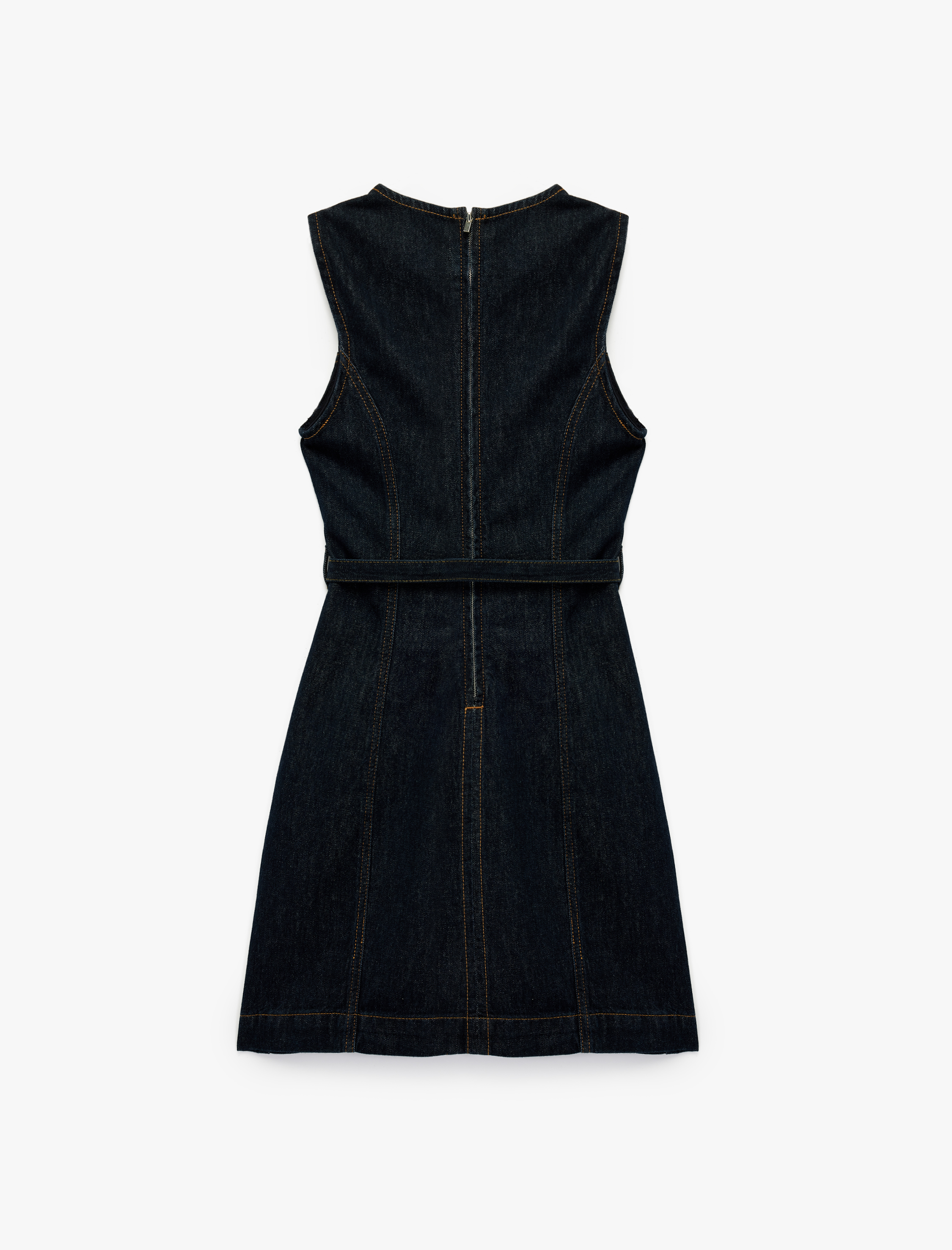   Pamuklu Kolsuz Bisiklet Yaka Kemer Detaylı Mini Denim Elbise