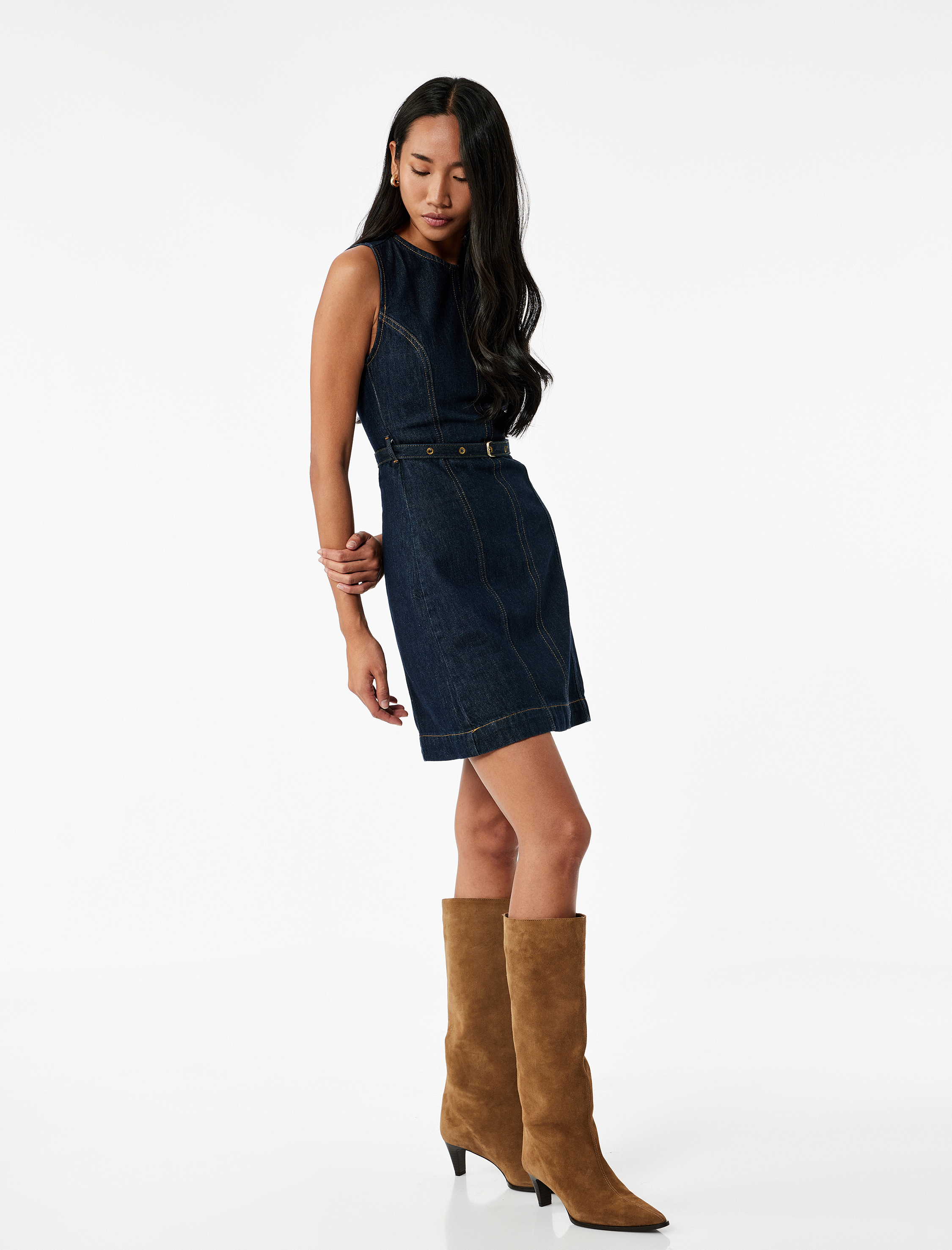   Pamuklu Kolsuz Bisiklet Yaka Kemer Detaylı Mini Denim Elbise