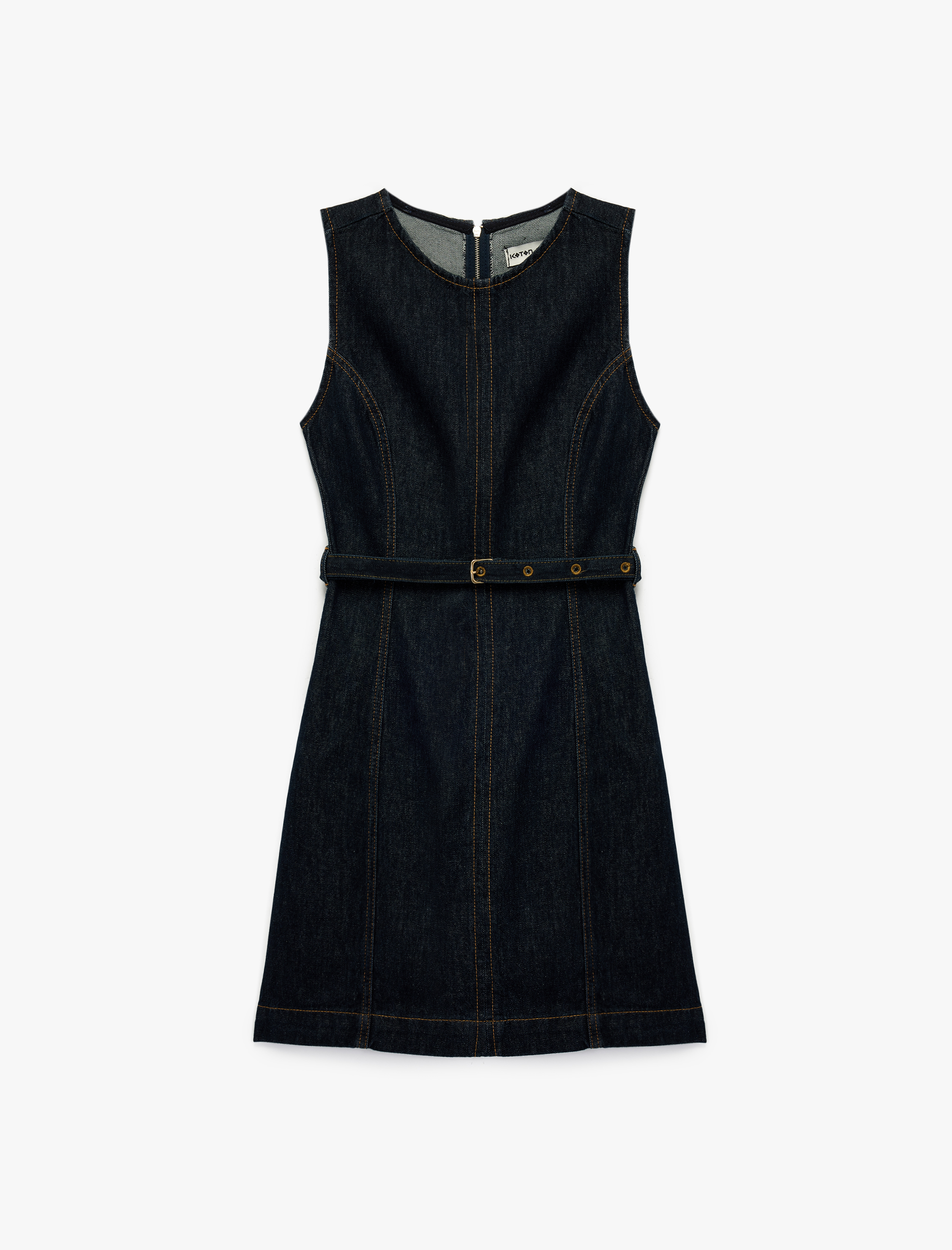   Pamuklu Kolsuz Bisiklet Yaka Kemer Detaylı Mini Denim Elbise