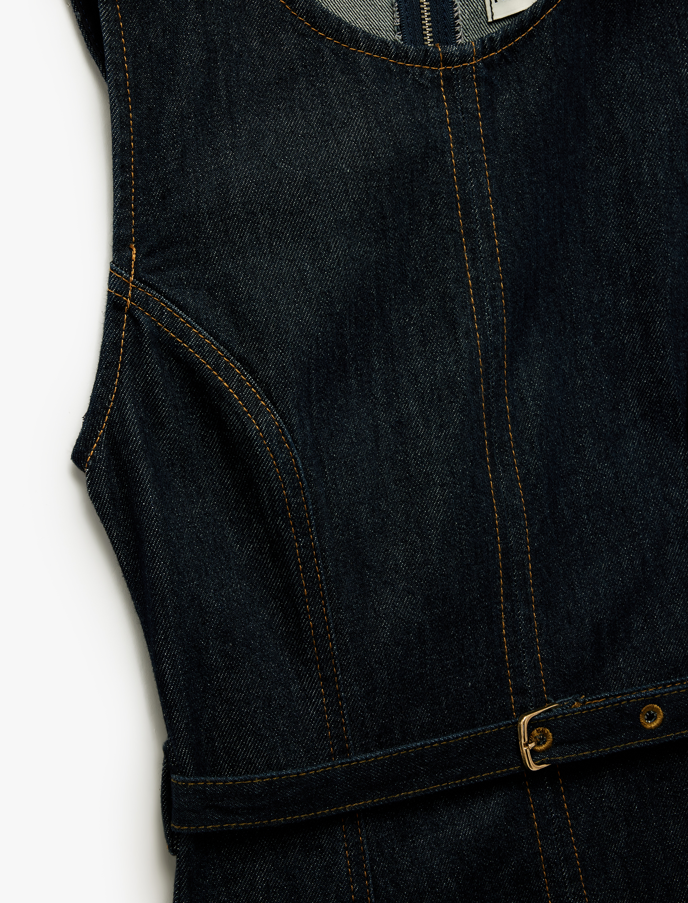   Pamuklu Kolsuz Bisiklet Yaka Kemer Detaylı Mini Denim Elbise
