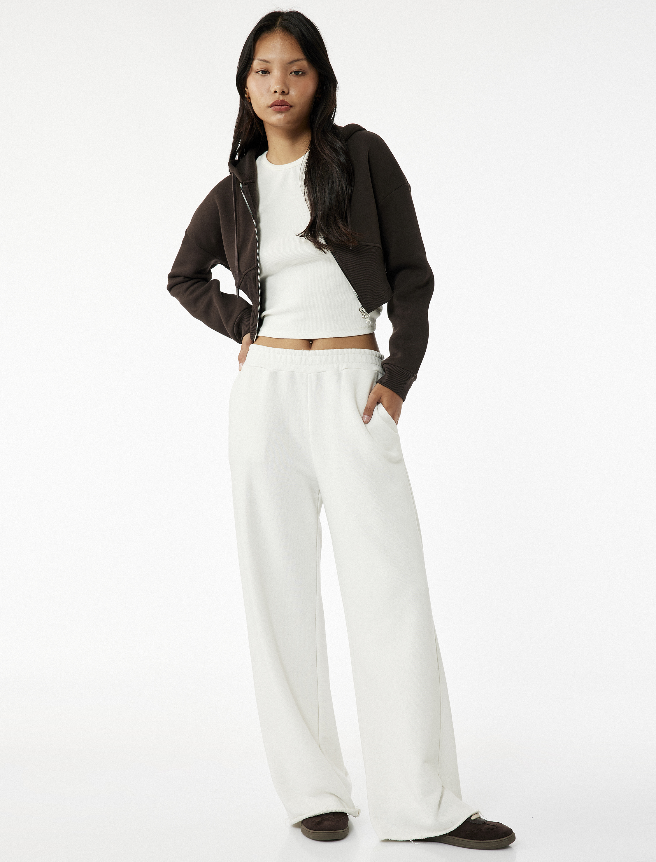   Şardonlu Kapüşonlu Korse Detaylı Fermuarlı Crop Sweatshirt