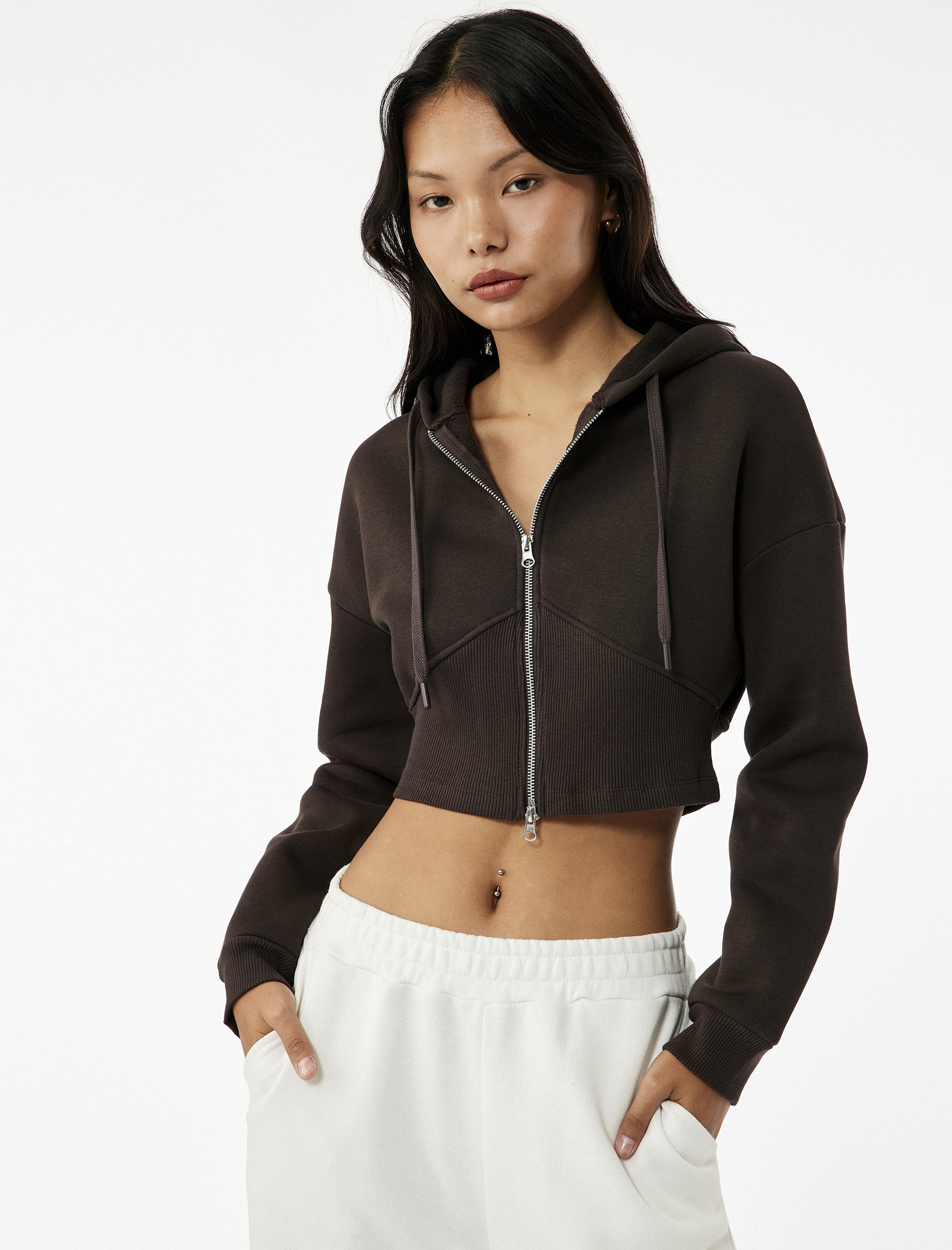   Şardonlu Kapüşonlu Korse Detaylı Fermuarlı Crop Sweatshirt