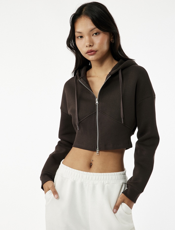  Şardonlu Kapüşonlu Korse Detaylı Fermuarlı Crop Sweatshirt