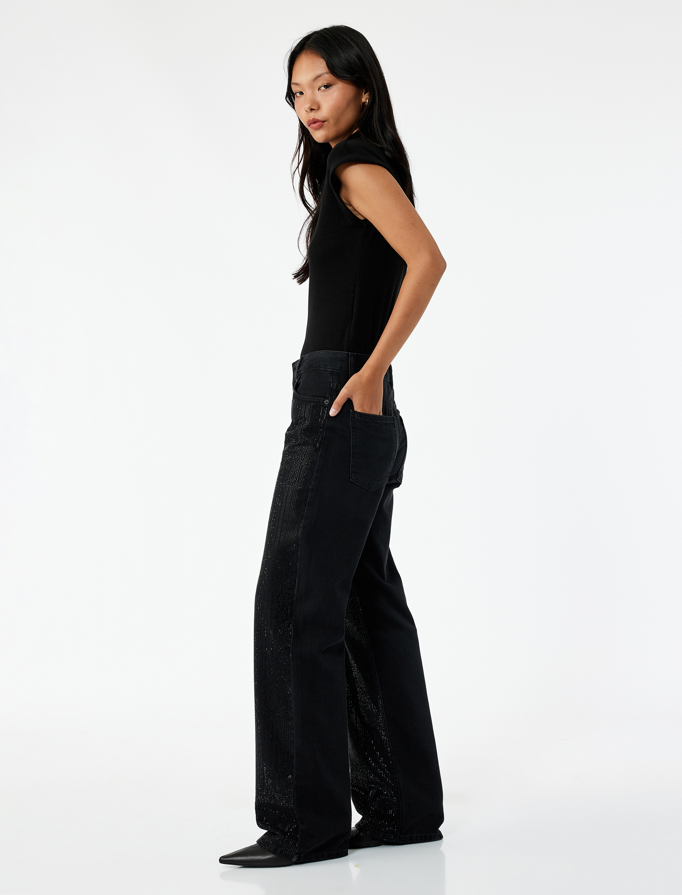   Yüksek Bel Taş Detaylı Düz Paça Jean Pantolon - Straight Fit Jean