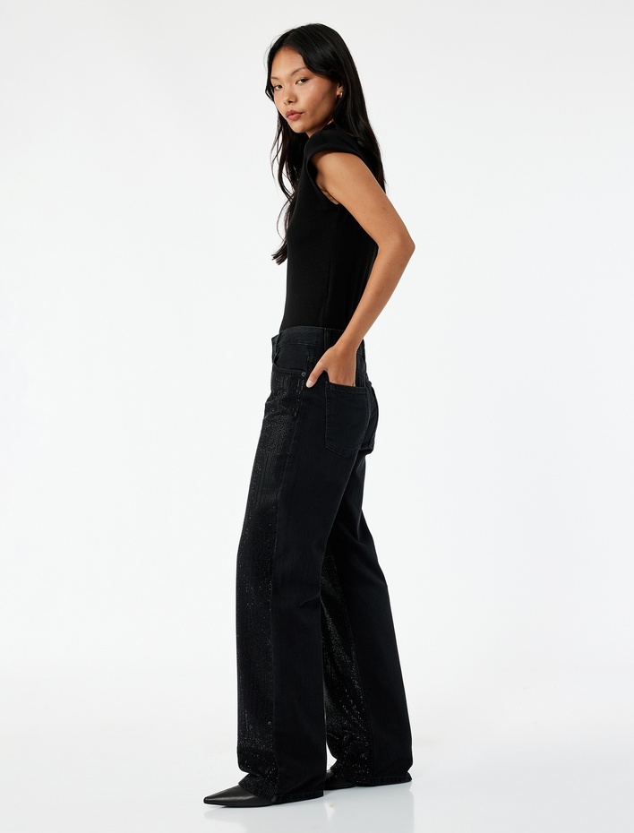  Yüksek Bel Taş Detaylı Düz Paça Jean Pantolon - Straight Fit Jean